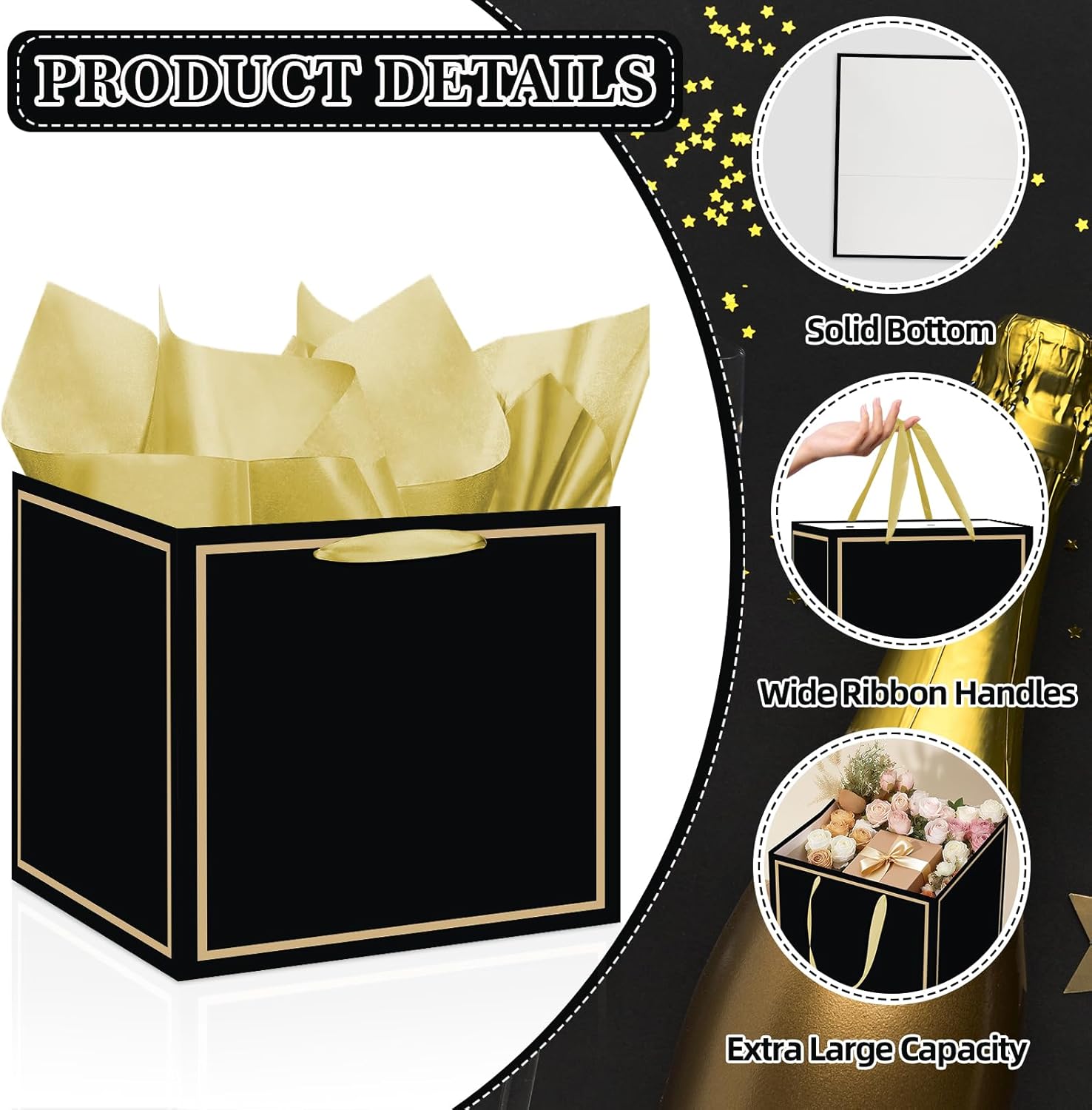 Extra Large Black Gold Gift Bag Square Big Birthday Bag for Men Women with Wrapping Paper Card Sticker Envelope for Wedding Anniversary Retirement Baby Shower Christmas Gifts Party Favors Decorations - Image 7