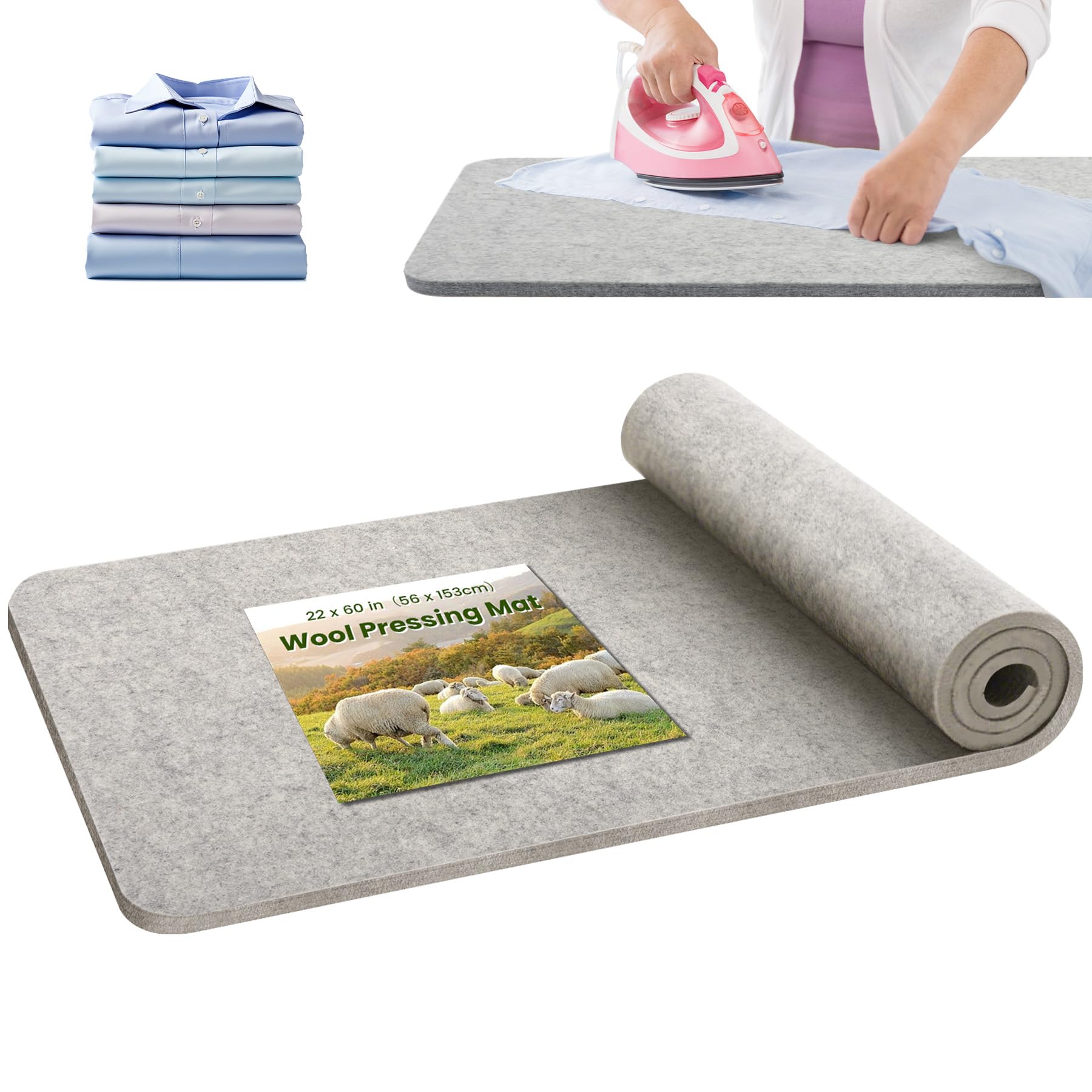 BREENHILL Wool Pressing Mat 22"x 60" Ironing Mat for Quilting(Light Gray)