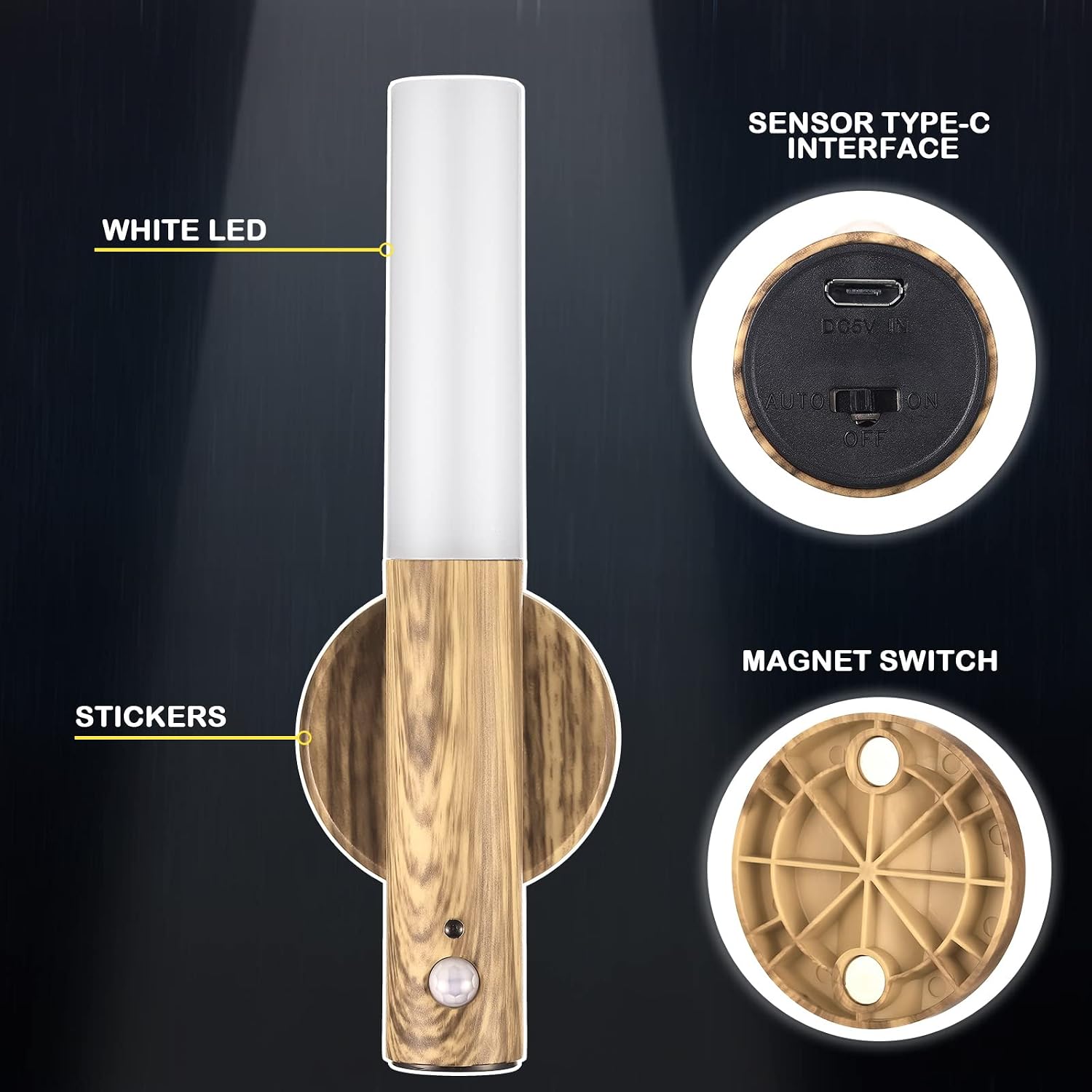 2 Pcs Motion Sensor Night Light Magnetic Wall Light 2 Pcs USB LED Lights Rechargeable Stick Wireless Stair Indoor Wooden Wall Sconces with Large Battery for Hallway Stairway (Light Brown)