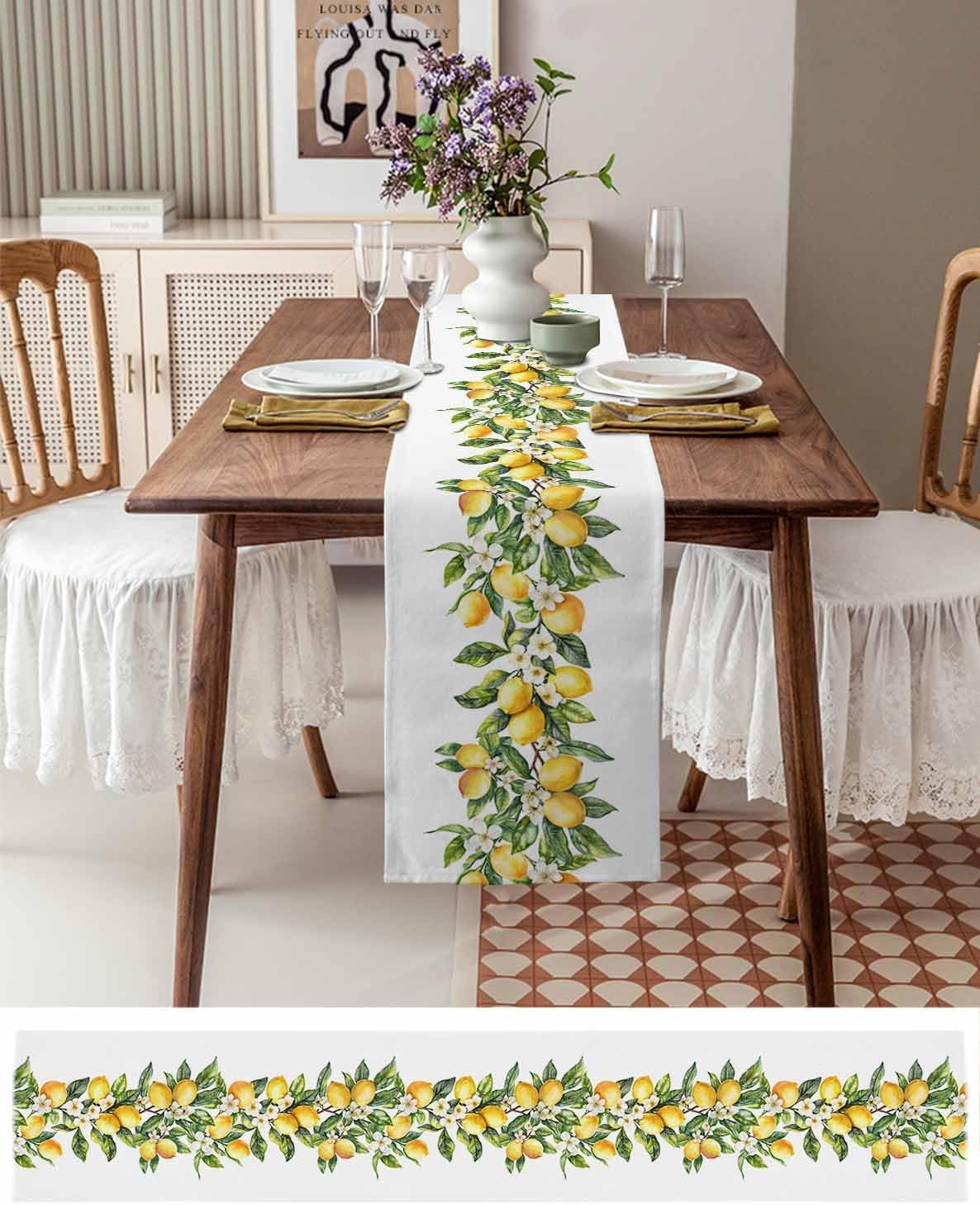 Dining Table Runner Dresser Scarf Linen Burlap Fabric,Summer Lemon Green Leaves Washable Table Runners 72 Inches Long for Farmhouse Home Kitchen Wedding Party Decor
