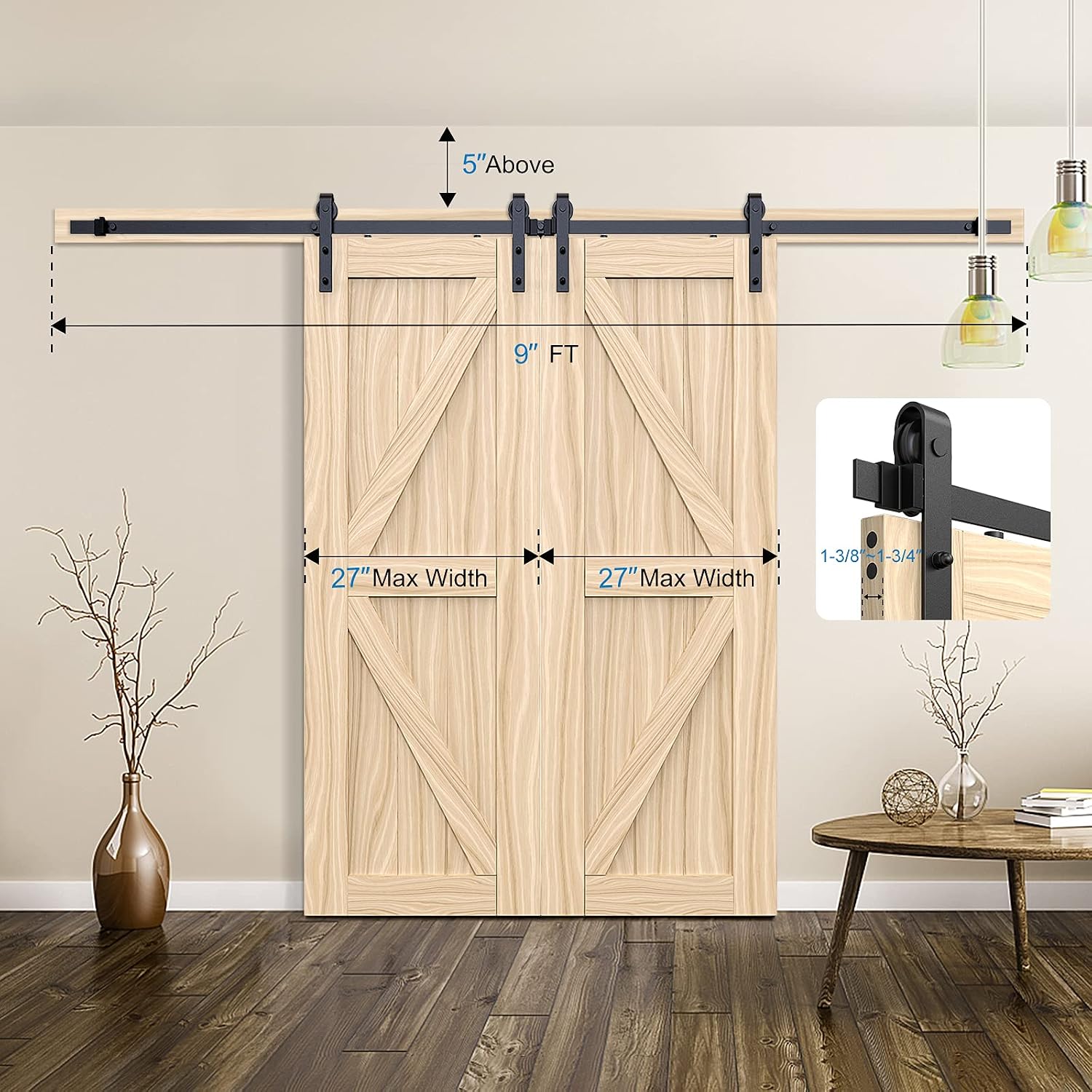 ROOMTEC 9FT Sliding Barn Door Hardware Track kit,Fit 27" Wide Double Door Panel,Upgraded Roller,Smoothly and Quietly,Easy Installation