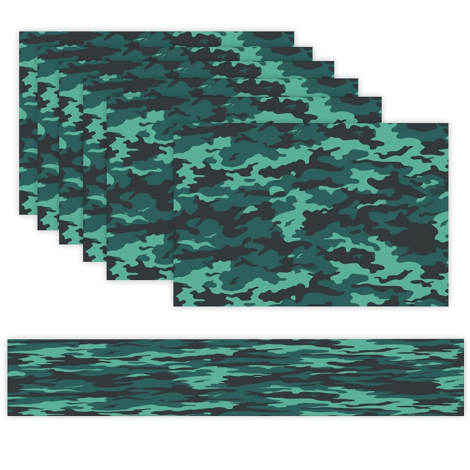 Teal Camouflage Table Runner and Placemats Set of 6 Wipe Clean Heat Resistant Table Mat with Table Runner Decorations Flax Linen Place Mat Set for Home Kitchen Party Supplies
