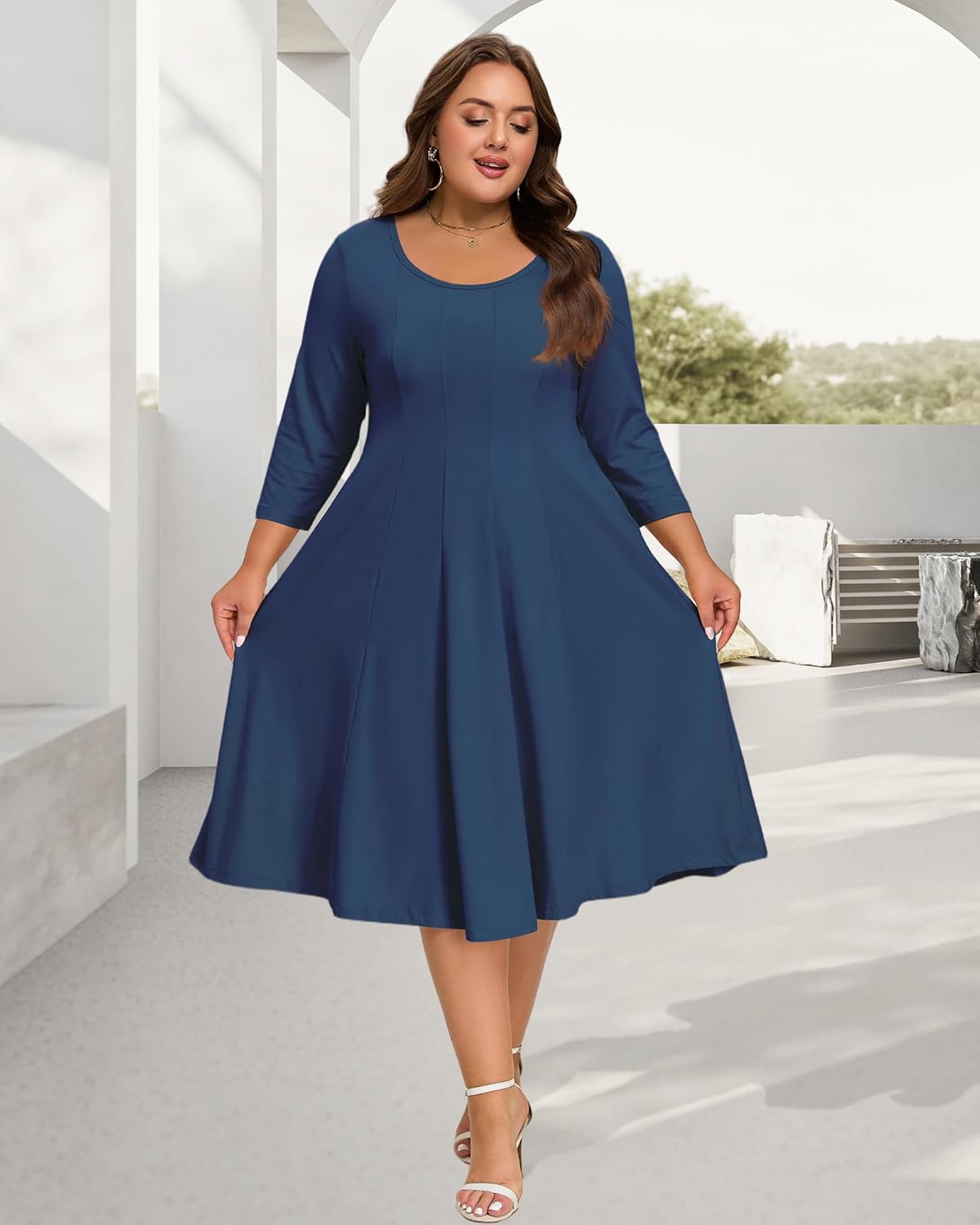 Moon Wood Women's Plus Size Midi Dress 3/4 Sleeve Crew Neck A-Line Flare Dresses with Pockets, Casual Dreses Daily Wear - Image 4