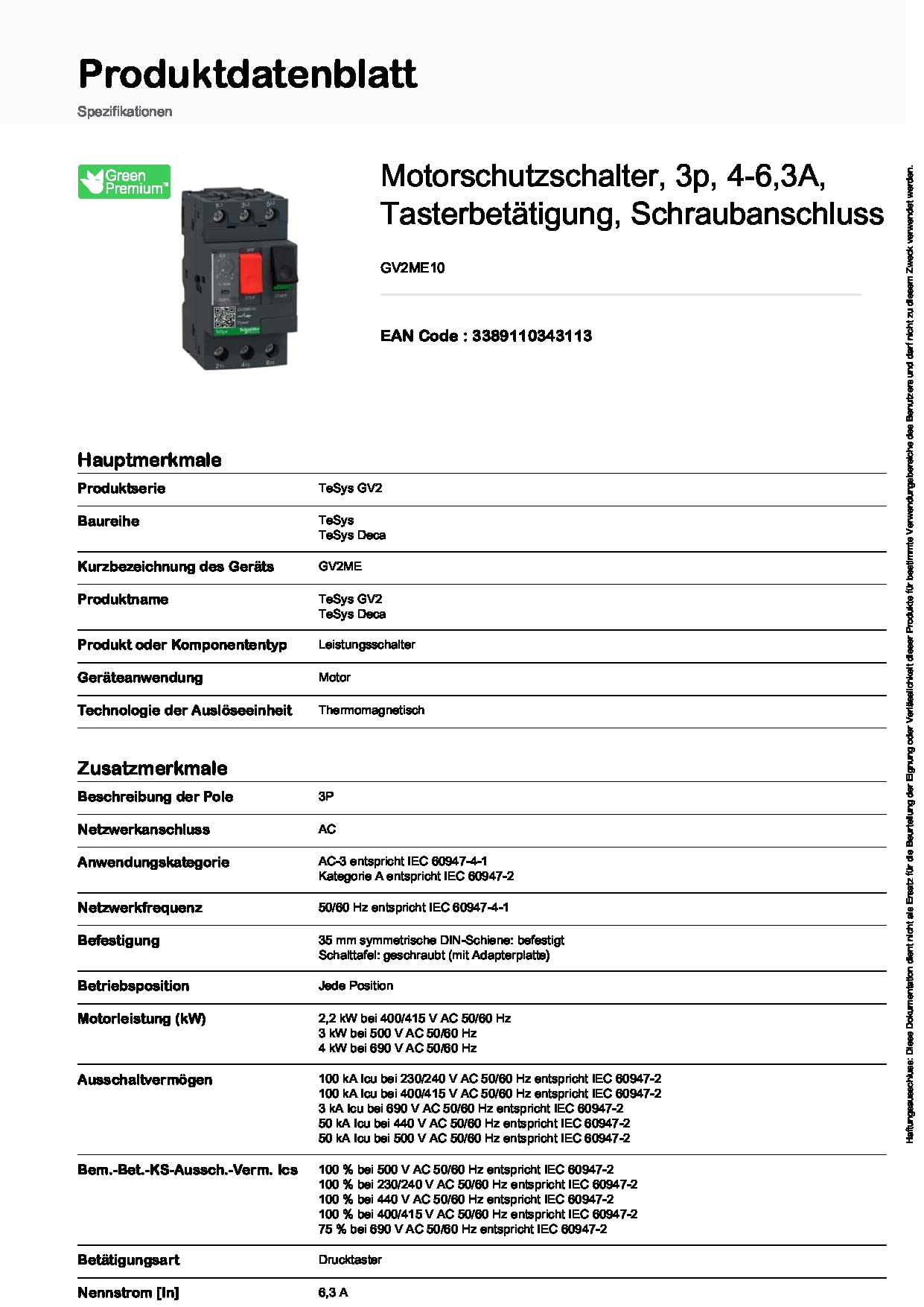 Schneider Electric GV2ME10 TeSys GV2ME - disj. moteur - 4..6,3A - 3P 3d - déclencheur magnéto-thermique