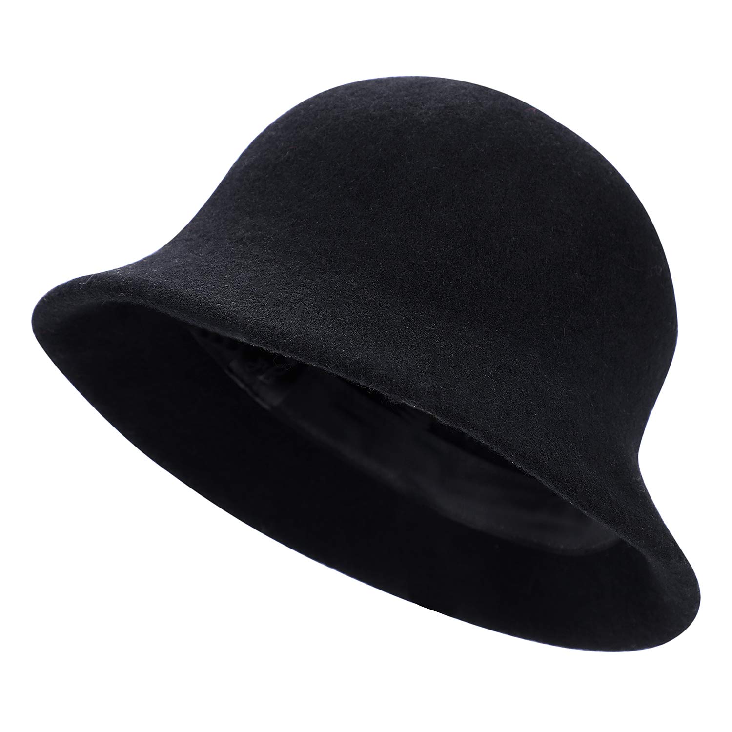 Xinchia Women's Black Wool Felt Cloche Bucket Hat Winter Elegant Bowler Hat Thermal Dome Beanie Brim Cap Fisherman Hat Foldable Fedora Bucket Hat Vintage Party Church Hat Winter Warm Brim Visor Cap Solid Color