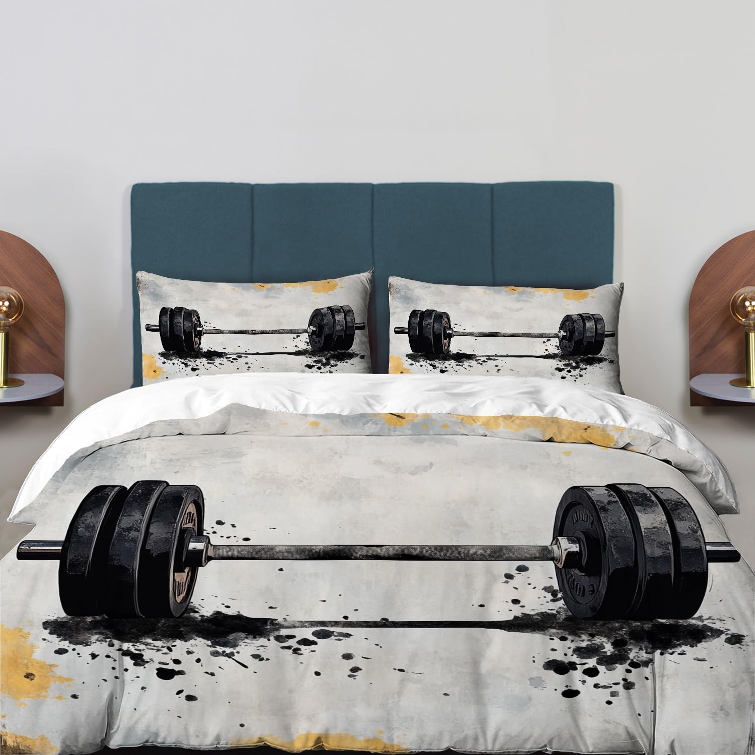 Fitness Equipment Strength Training Duvet Cover Set Queen Size, 3 Pieces Weightlifting Bodybuilding 100% Cotton Bedding Set Hotel Quality Comforter Cover Set with 2 Pillowcases(No Filler)
