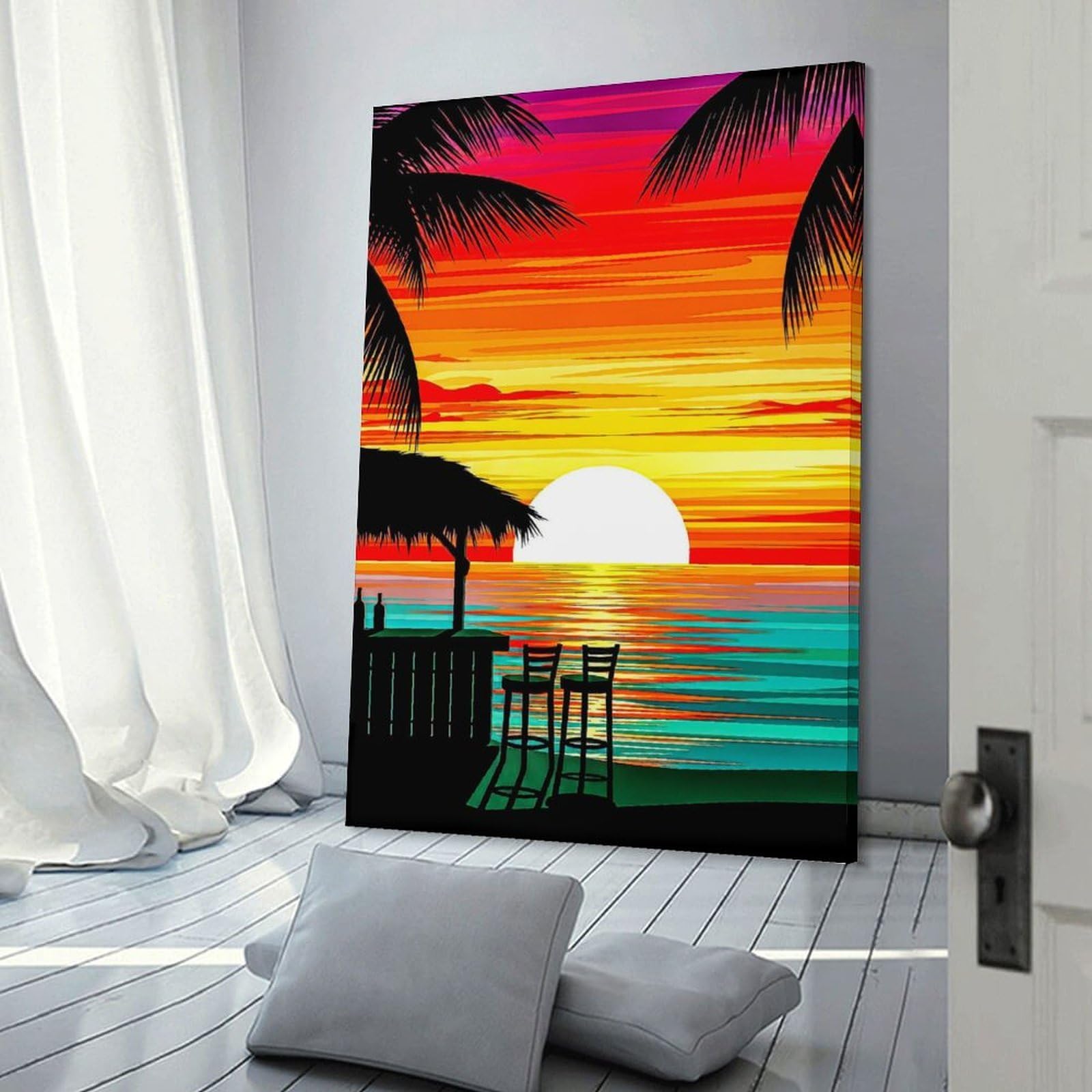 Junmoney Canvas Wall Picture Tropical Beach Bar Sunset, 24x36inch(60x90cm), for Calm Bedrooms, Home Corners Or Flats, Decorative Wall Art for Cosy Rooms