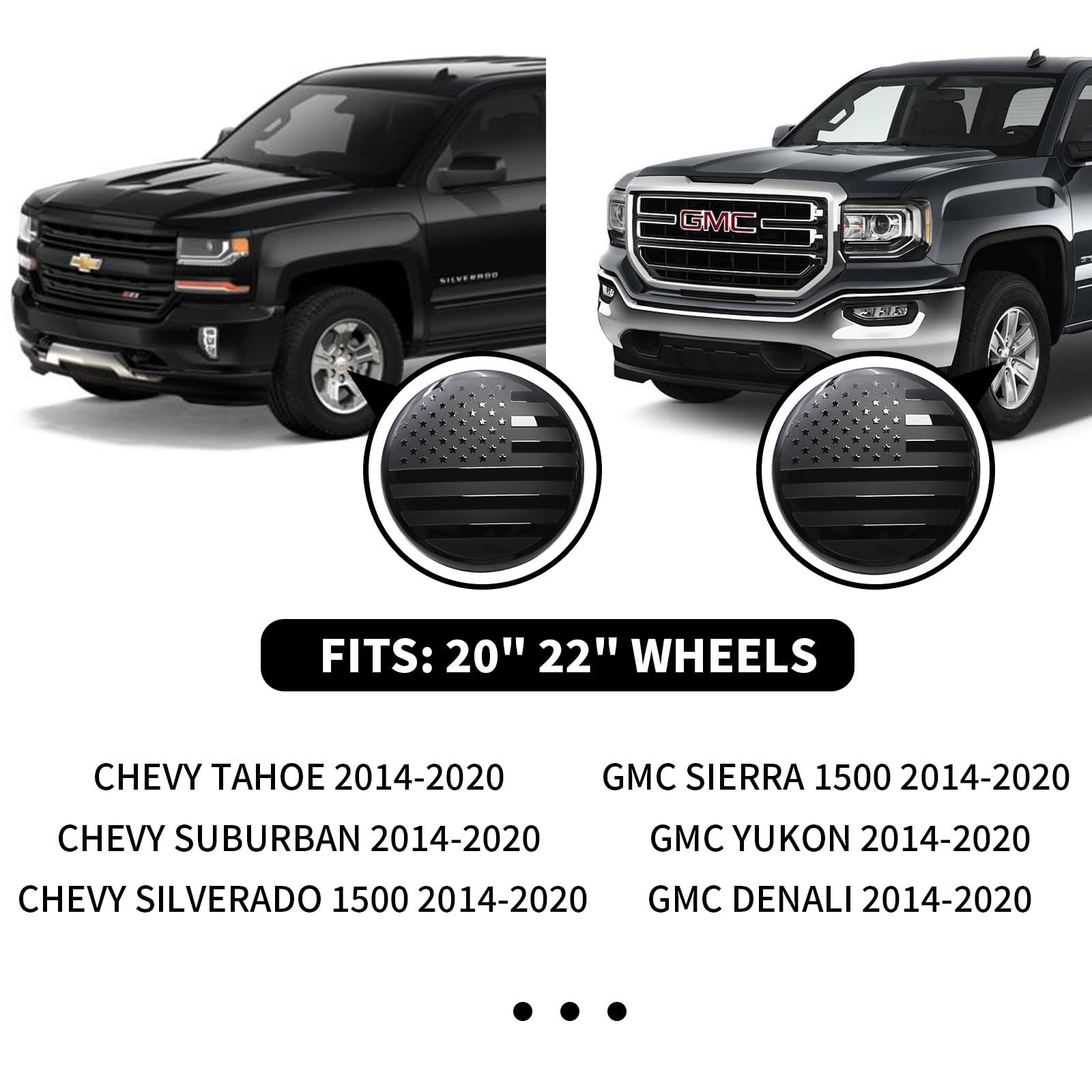 Set Di 4 Coprimozzi 83 Mm Con Bandiera Americana Nera Per Chevy GMC 2014-2020