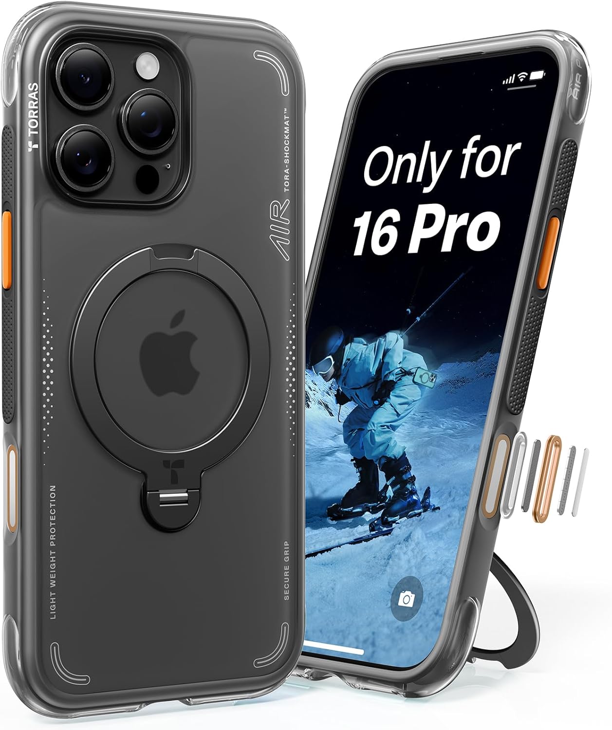 TORRAS Ostand Q3 Air for iPhone 16 Pro Case with Real Airbags, Mil-Grade Protection, Fit for MagSafe, 360 Magnetic Stand, Case for iPhone 16 Pro with Camera Control, Shockproof & Stylish, 6.3" Black Shadow Black