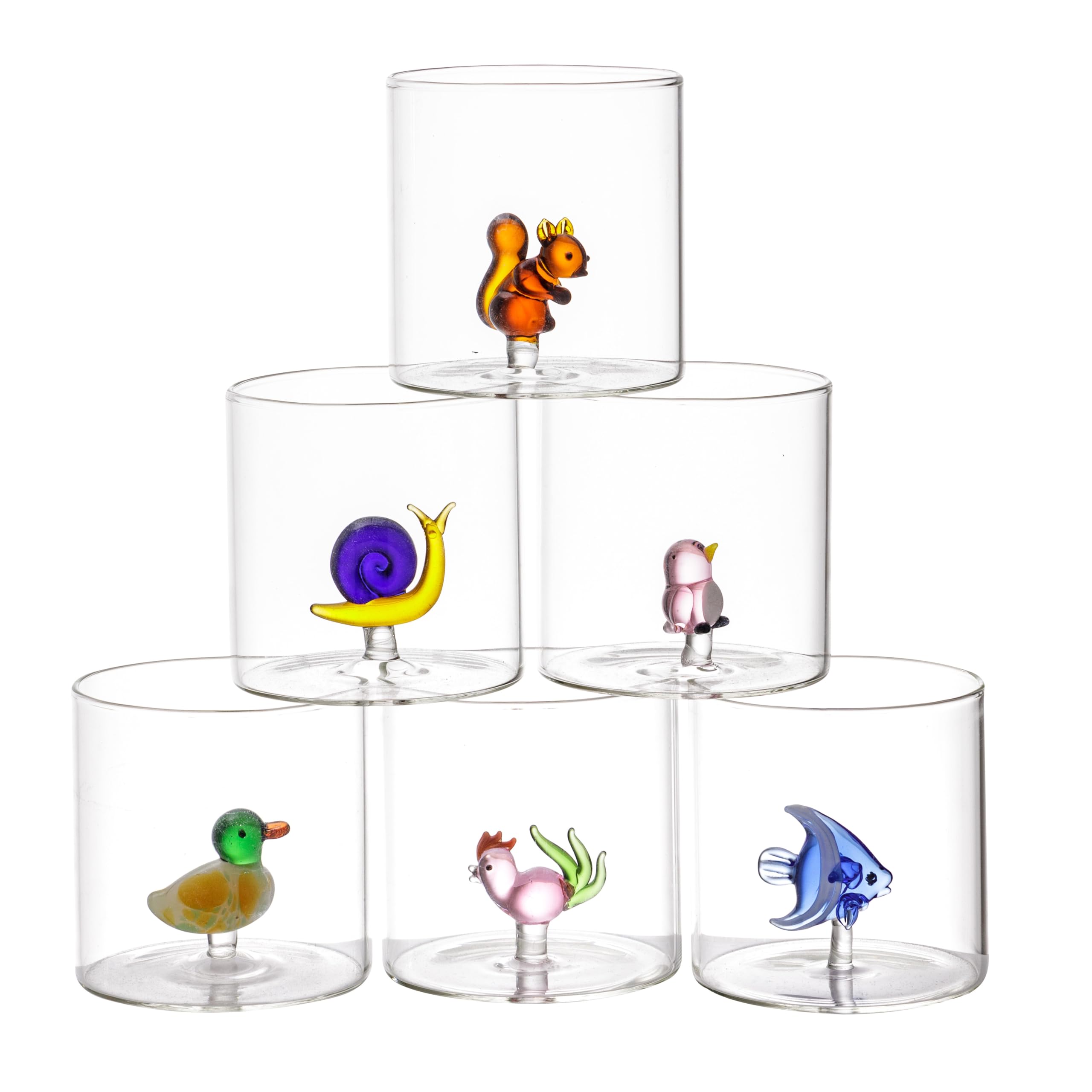 Baroni Home Juego de 6 Vasos de Vidrio Borosilicato de 32 cl, Vasos Transparentes de Colores Surtidos, Lavables en Lavavajillas, 8 X 8,5 cm, Animales