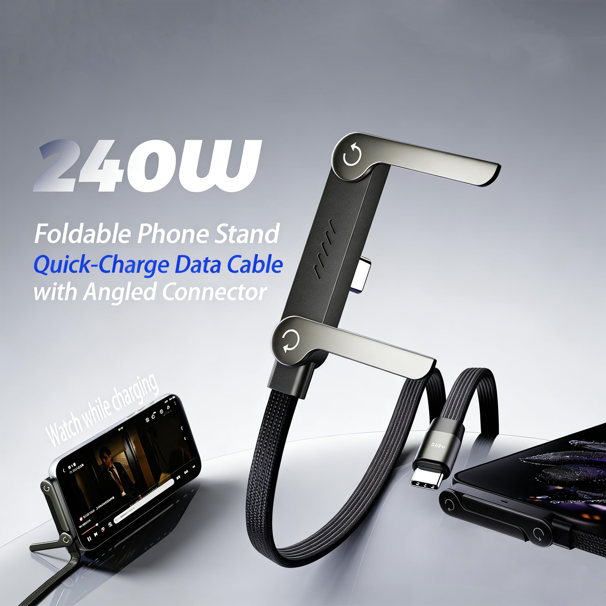 HOSYH 240W Invisible Stand Fast Charging Cable, 240W USB C to USB C Flat Cable 90 Degree Angled, Sideways Phone Type C Charger Cord (4.9FT) Compatible with iPhone 17 Series — view 3