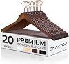 Smartor Wooden Hangers 20 Pack, Solid Wood Coat Hanger for Closet, Heavy Duty Wood Hangers for Suits, Shirts, Dresses, with 360 Rose Gold Hook, Non Slip Pant Bar, Natural
