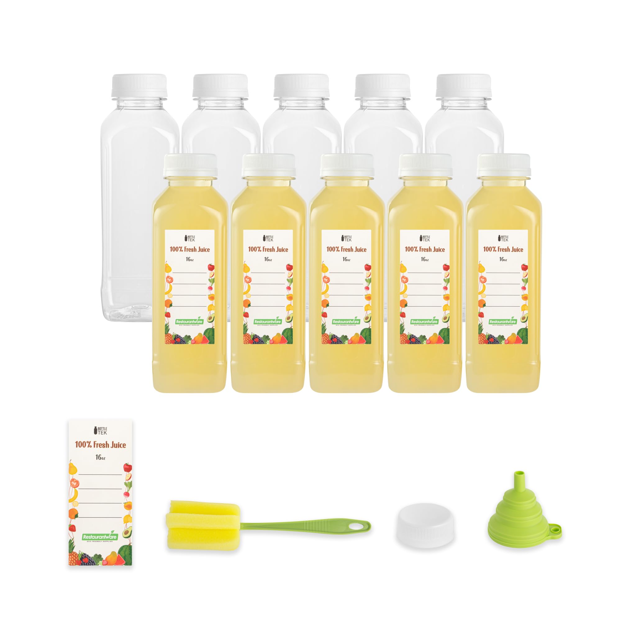 Restaurantware Botella Tek de 16 onzas para jugo, 1 botella con tapa, incluye etiqueta, tapa, cepillo y embudo, recipiente vacío de plástico transparente, para batidos, leche o agua