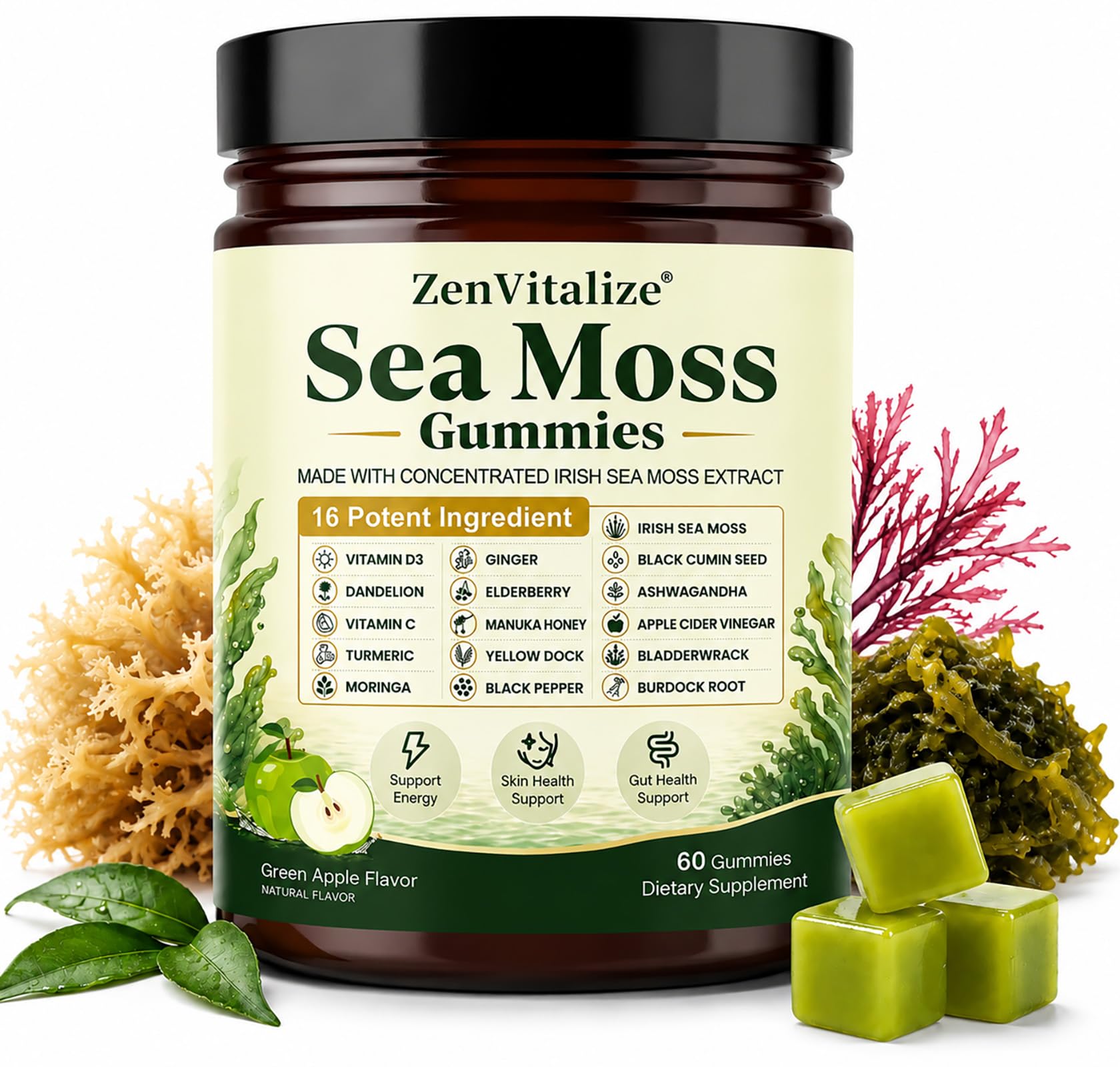Sea Moss Gummies 16-in-1, Irish Sea Moss Supplement for Women & Men with Black Seed Oil, Ashwagandha, Bladderwrack, Burdock Root, Elderberry, Vitamins C & D3, 6