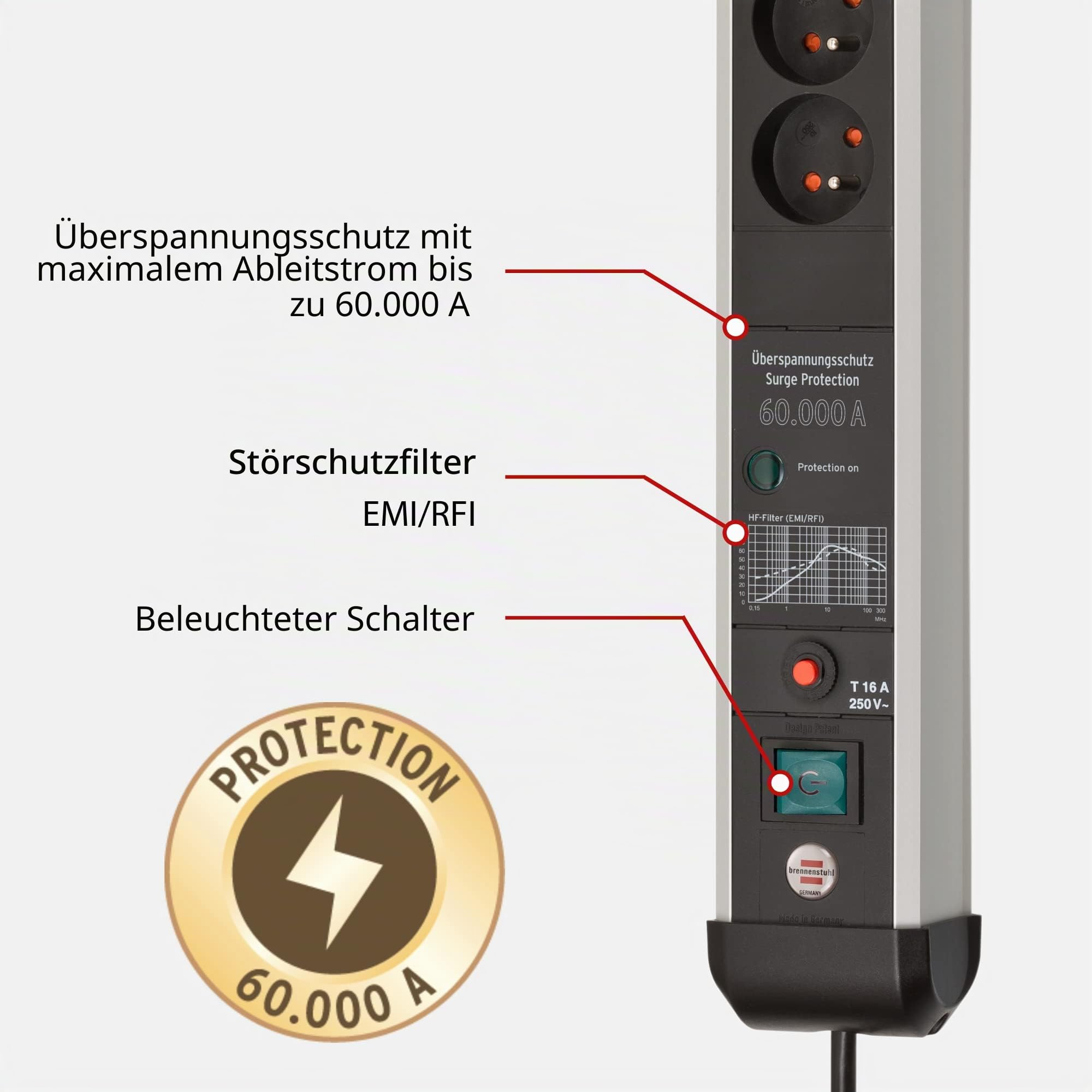 Brennenstuhl Premium-Protect-Line Steckdosenleiste 6-fach, 3m | Mit Überspannungsschutz 60.000 A, mit Schalter, Made in Germany, silber/schwarz