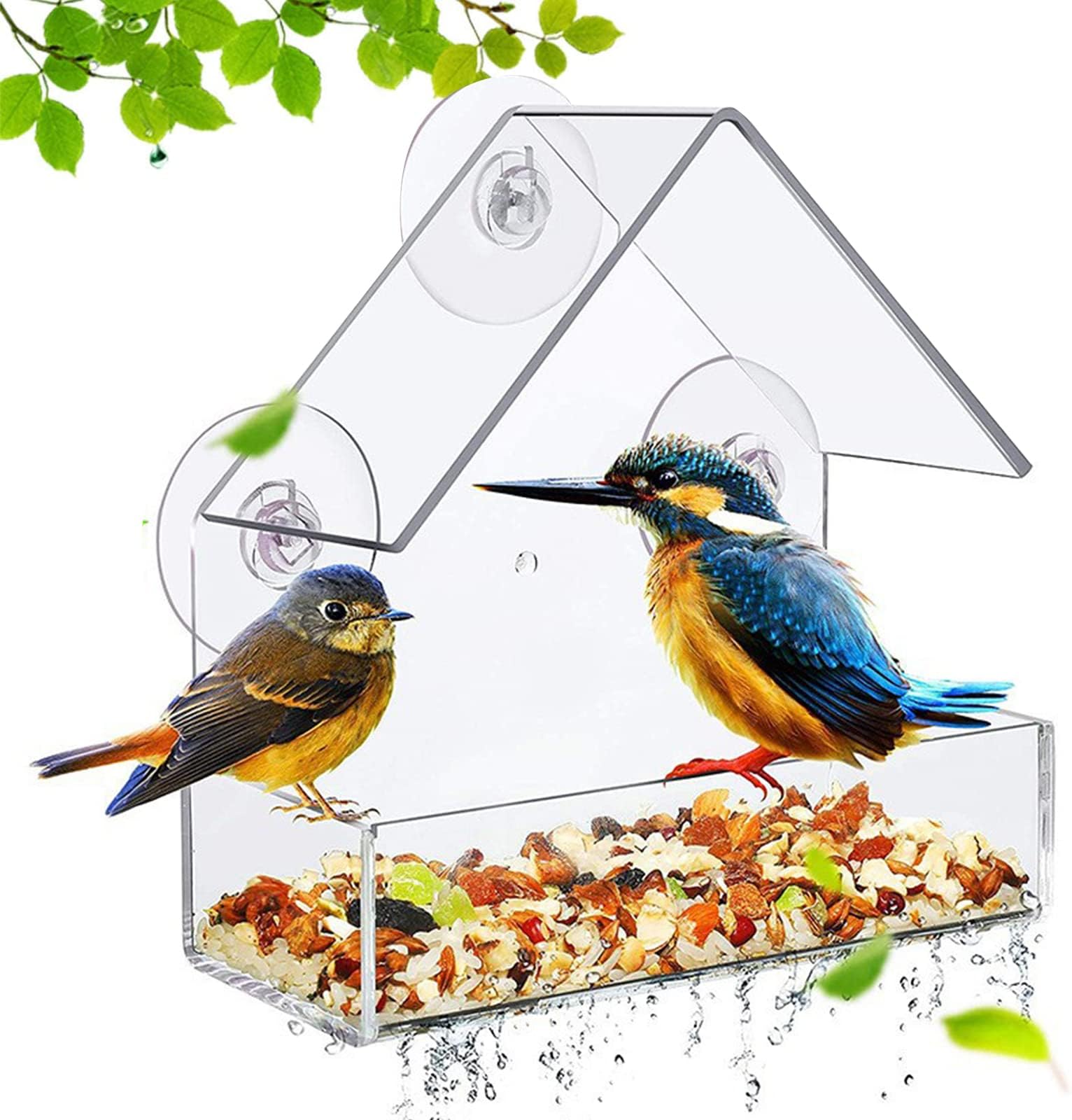 Window Bird Feeder with Drainage Holes, Extra Strong Suction Sups Plastic Bird Feeder House Clear Bird Seed Feeders for Garden Outdoor, Windowsill Birdfeeders for Wild Birds (House shape)