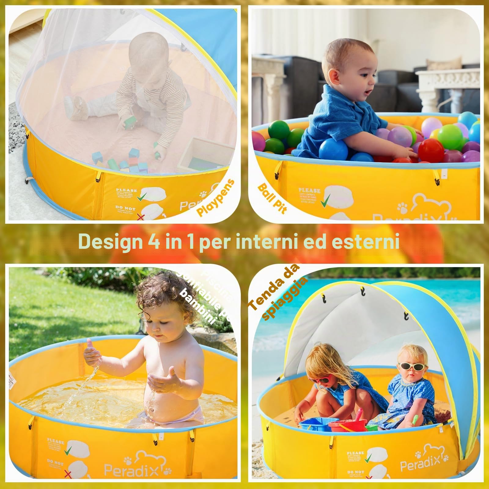 Peradix Piscina per bambini 4 in 1, con protezione dai raggi UV, tenda da spiaggia con zanzariera, tenda da gioco portatile, per la protezione solare estiva per anni (blu e giallo)