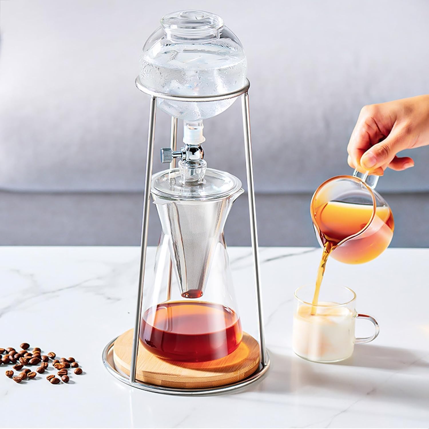 Cold Brew Drip Tower, Ice Drip Coffee Maker with Pour-Over Coffee Pot, High Borosilicate Heat-Resistant Glass & Stainless Steel Filter, 2-4 Cup, for Cold Brewed Coffee and Tea