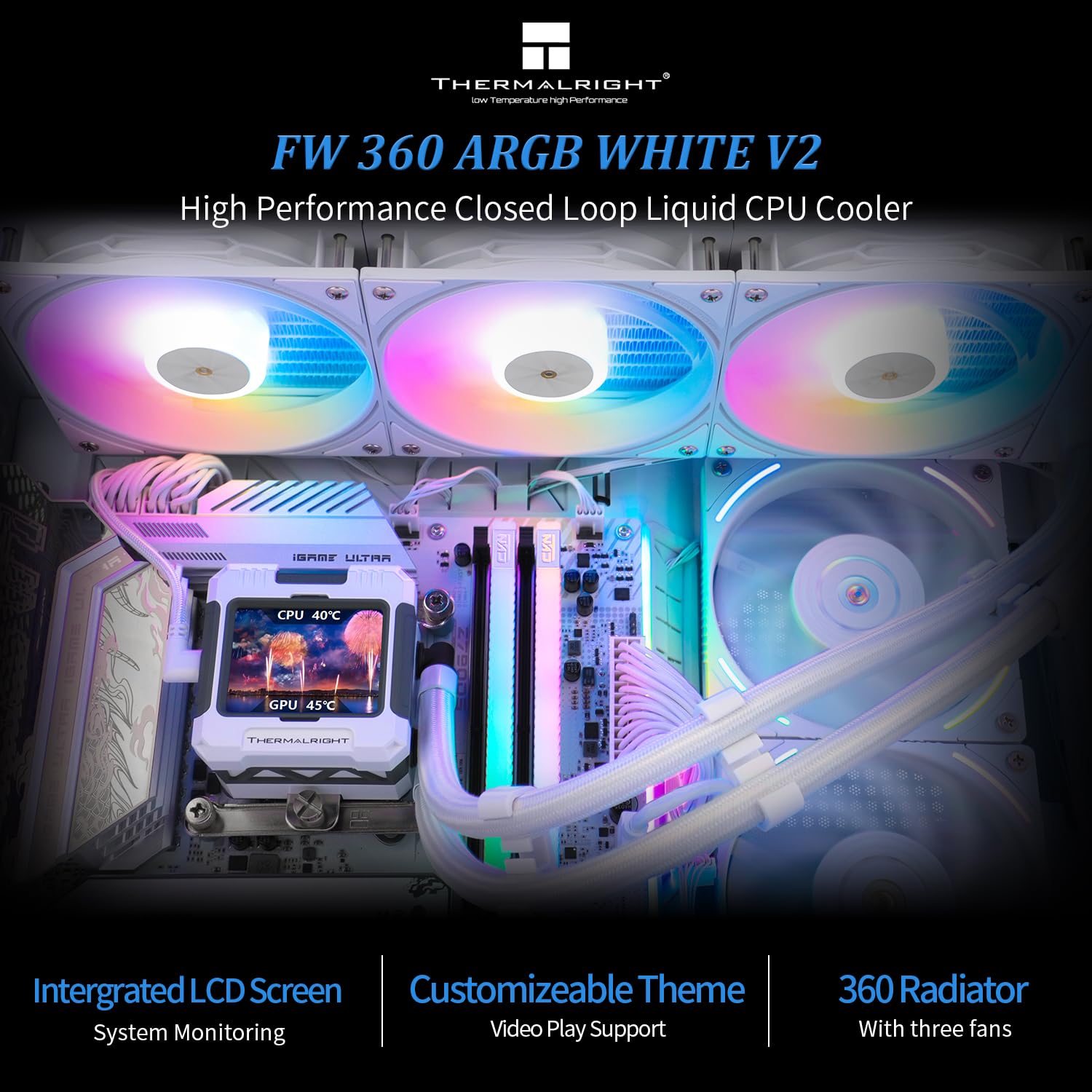 Thermalrlght FW 360 biały ARGB CPU chłodziarka wodna z 3 wentylatorami PWM z 2000 obr./min, ekran LCD IPS o rozdzielczości 320 * 240, chłodzenie procesora cieczy, chłodzenie procesora PC Aio Cooler