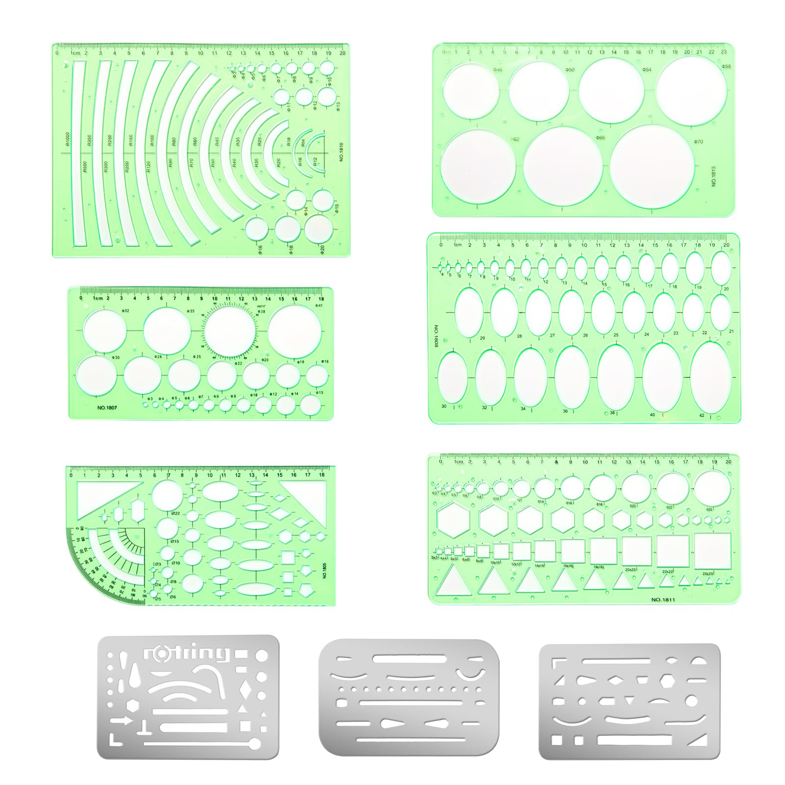 9 Piezas Plantillas Reglas Geometricas Escudo de Borrado de Acero Inoxidable plantillas de Dibujo Geométrico Verde Plantillas de Medición de Plástico Plantilla Circulares para Escuela Oficina
