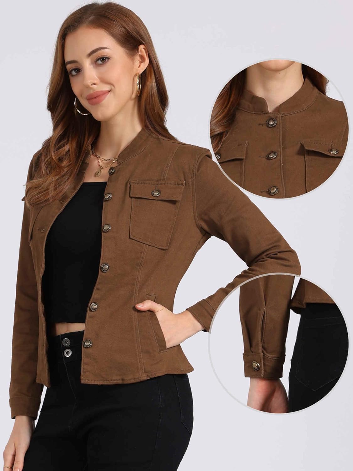 Allegra K Casual Denim Jacket for Women's Classic Stand Collar Long Sleeve Jean Jacket - Image 4