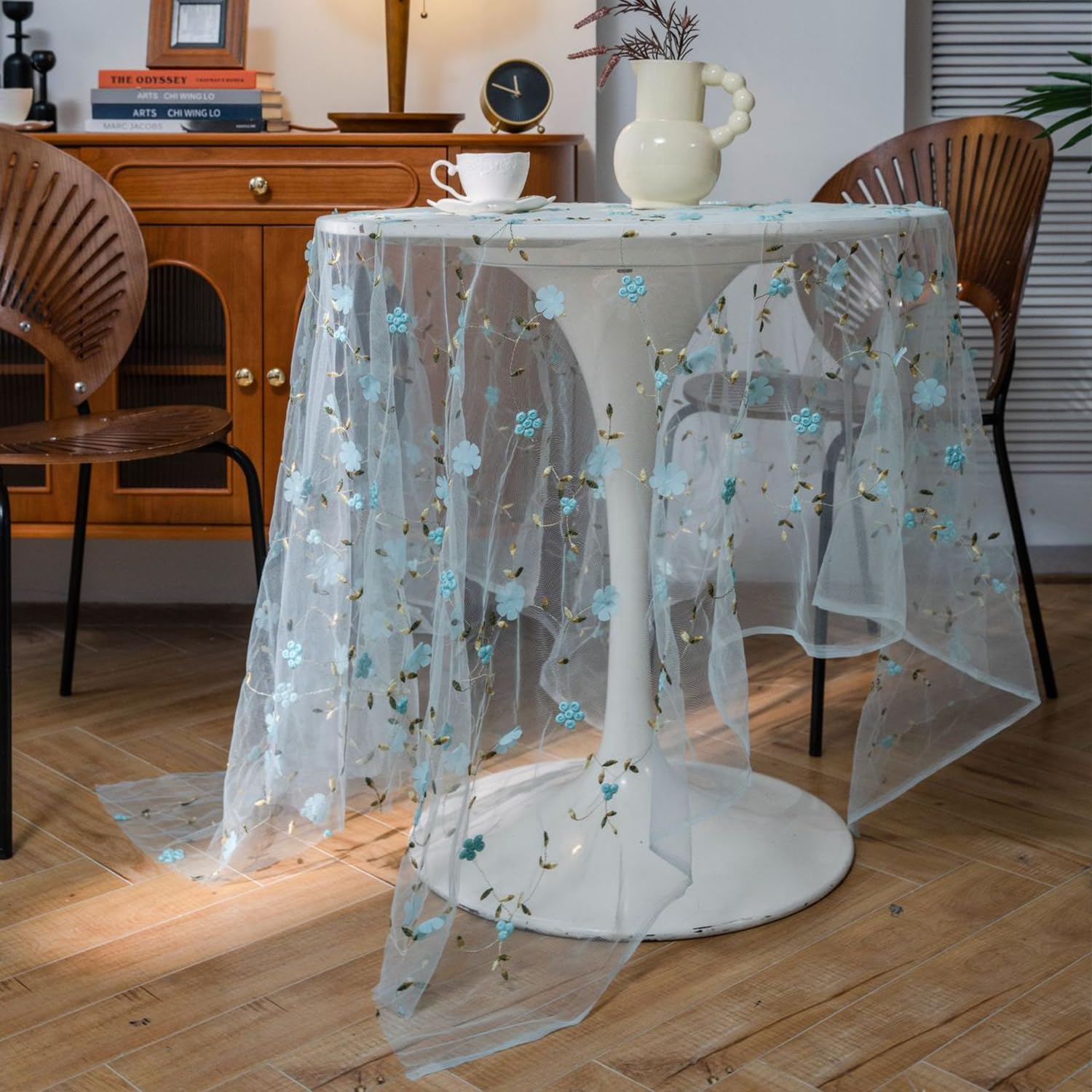 FOELANNE Embroidered Lace Tablecloth, Embroidered Flower Lace Tablecloth Multicolor Multiple Sizes(Blue Flower,150x220cm)