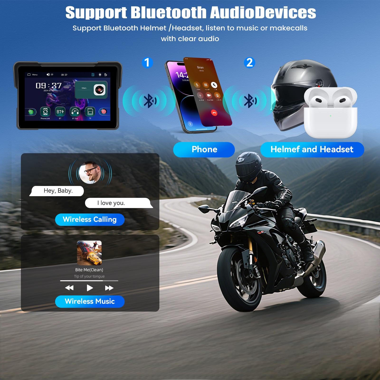 SIXWIN Pantalla Carplay Moto con inalámbrico Carplay Android Auto, 7 Pulgadas con IPx7 Impermeable Táctil Pantalla, Bluetooth, Navegación GPS, Siri y Asistente de G00gle