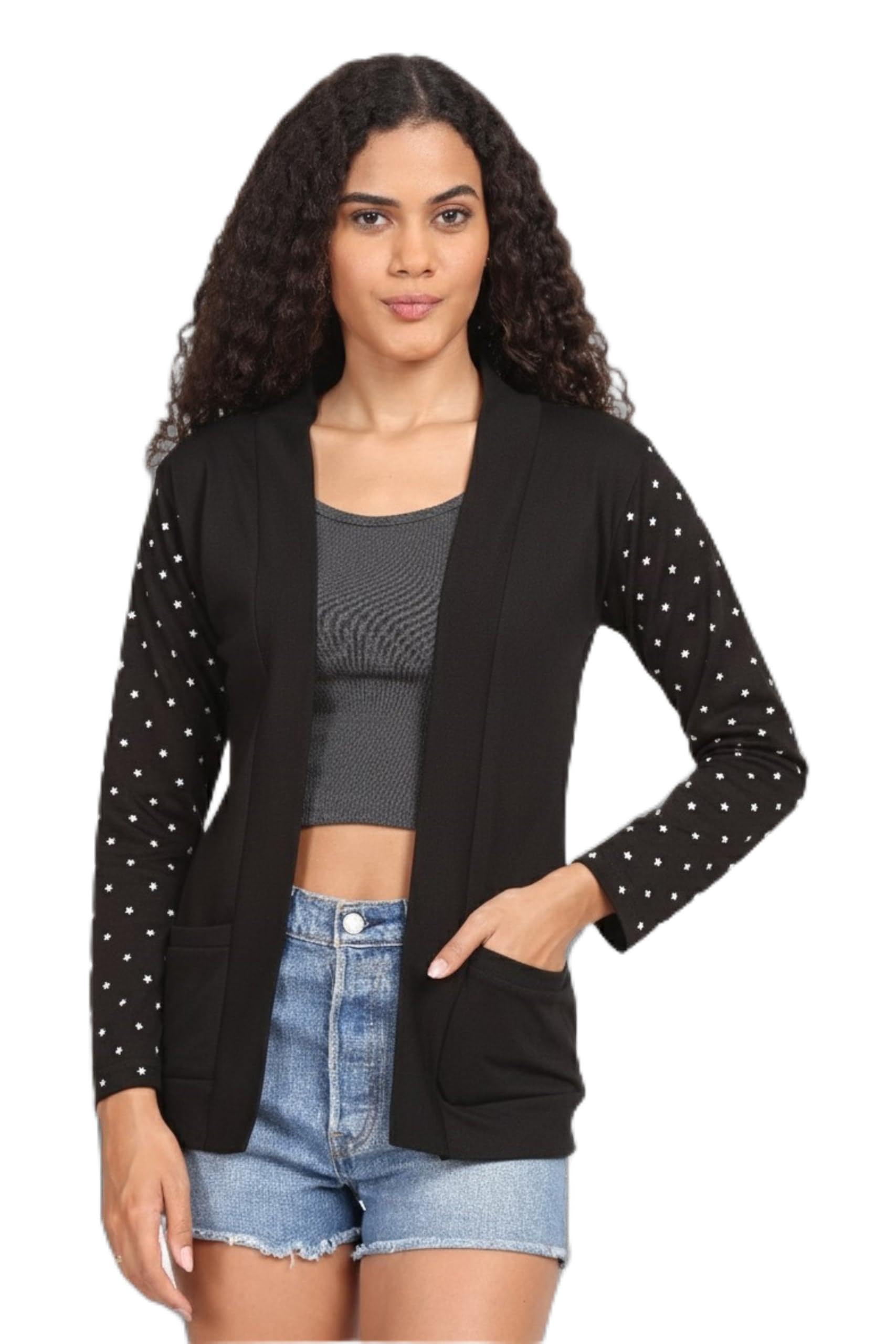 Women Cotton Winter Shrug with Star Print Sleeves & Pockets-image-28