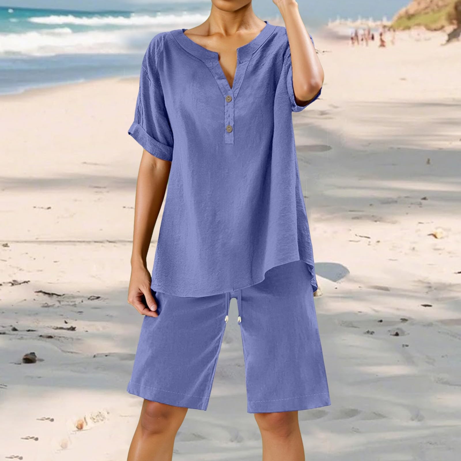 Ensemble en Lin Femme 2 Pièces Survêtement Coton et Lin Ete Chic Elegant Grande Taille Tunique Chemise + Pantacourt Décontracté Sport Jogging Respirant Plage Suit
