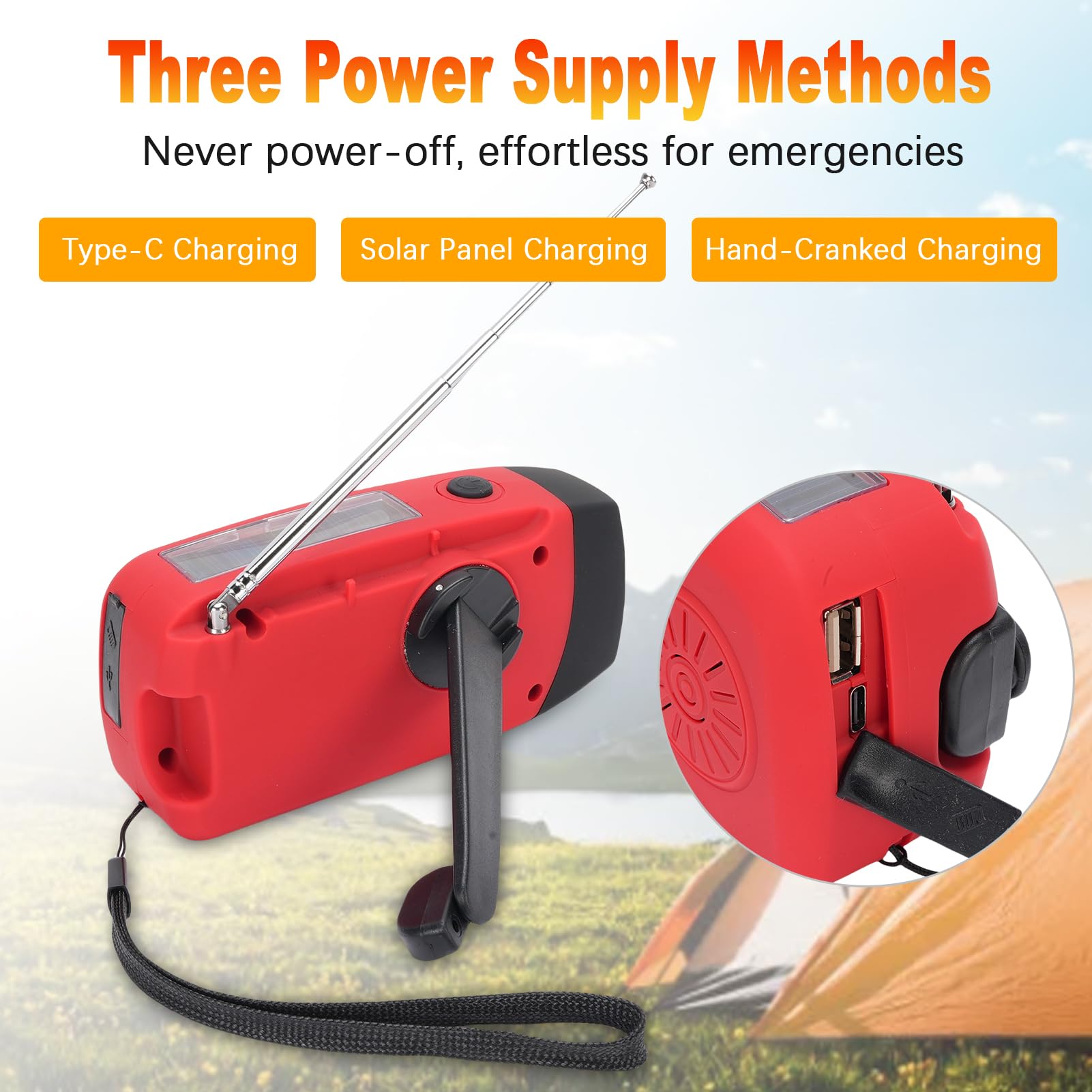 Radio d'urgence Solaire manivelle Type-c Charge AM FM Portable Panne de Courant Camping randonnée (Version européenne)