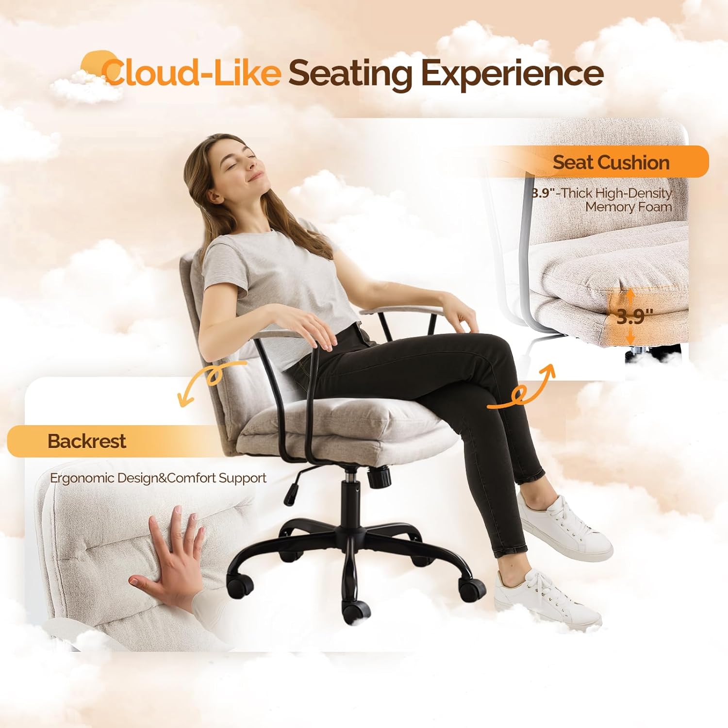 Image showing a person comfortably seated in the chair, highlighting the thick seat cushion and ergonomic backrest.