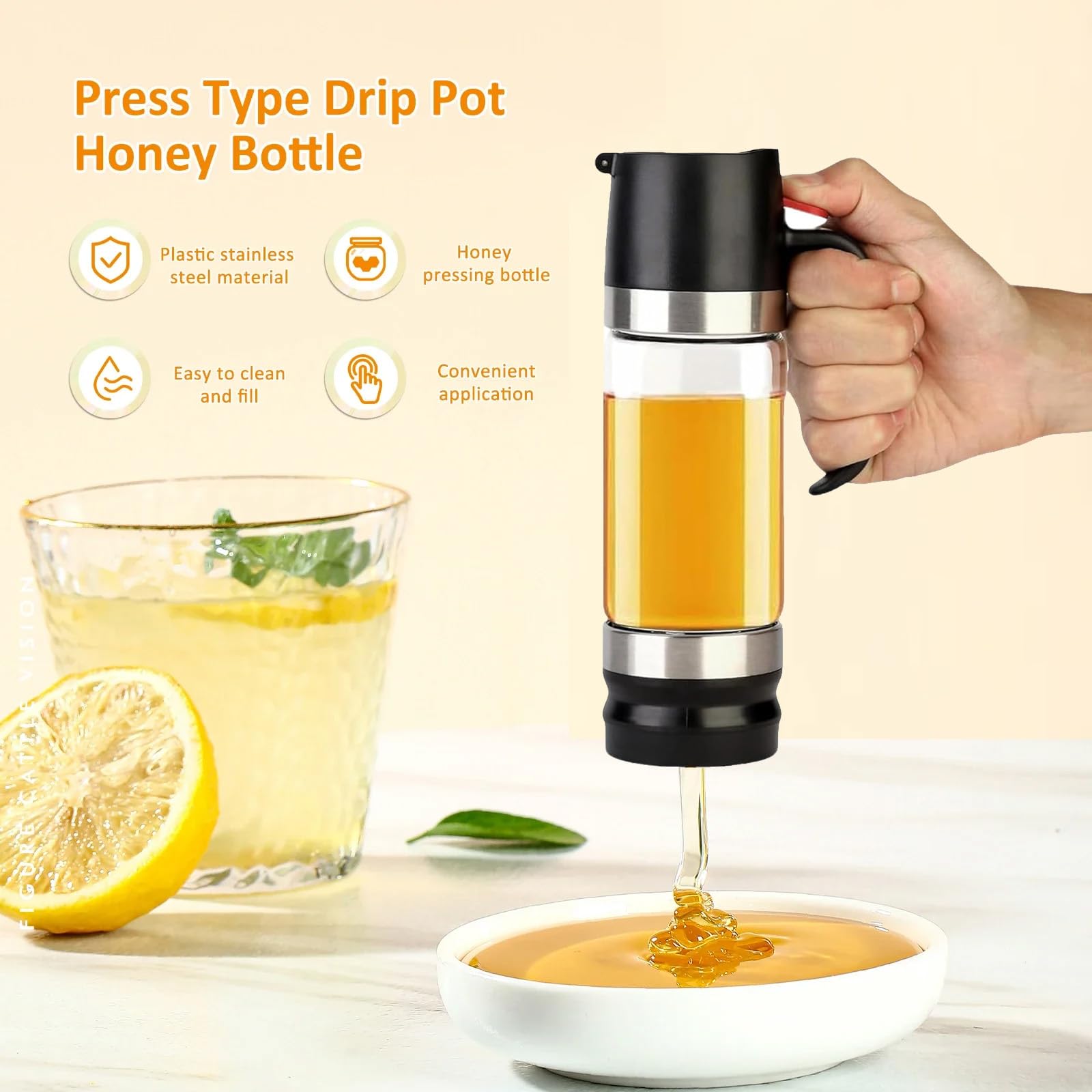 Dosatore Miele 350ml,Dispenser Miele In Vetro Antigoccia Con Etichetta,Barattolo Per Miele Con Con Rimovibile Coperchio Superiore E Inferiore, Per Miele Sciroppo Caffè E Altri Liquidi Per Dessert,Nero