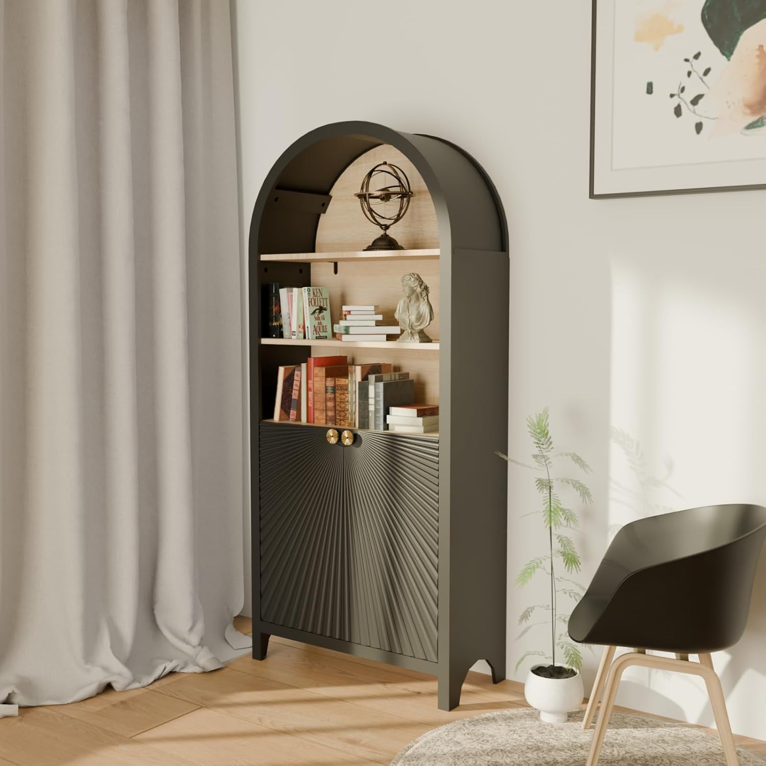 61" Tall Arched Cabinets,Bookcase with Storage,Mid-Century Modern 5-Tier Bookshelf with Door,Black