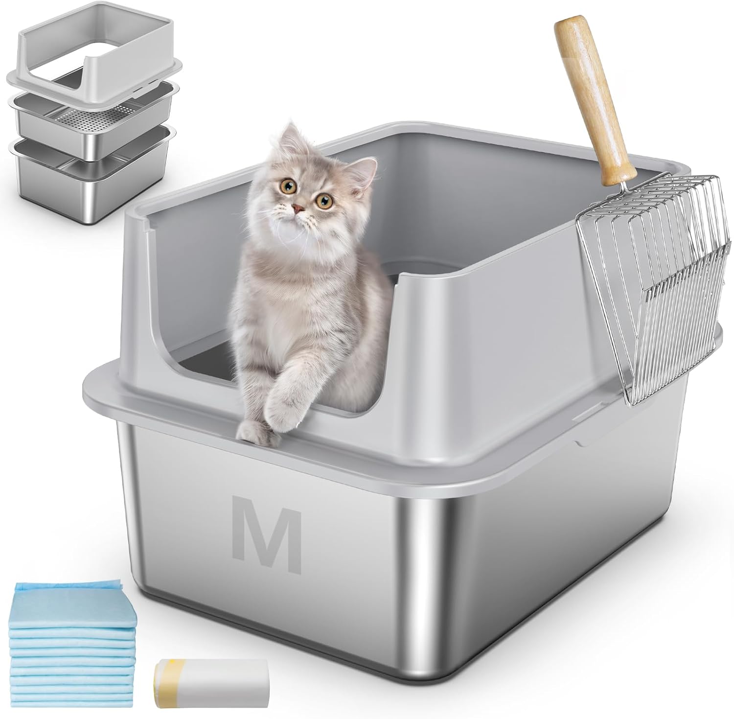 Stainless Steel Sifting Litter Box, 17″ L x 13″ W x 10.8″H High Sided Metal Sifting Cat Litter Box for Pine Pellets, Enclosed Sifting Box with Lid, Anti-Leakage, Easy Clean for Kittens and Small Cats