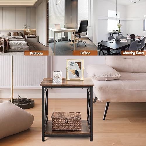 Miniatura 5 de KSWIN Mesa auxiliar industrial con estante de almacenamiento de 2 niveles, mesita de noche cuadrada de 18 pulgadas, mesita de noche con marco de