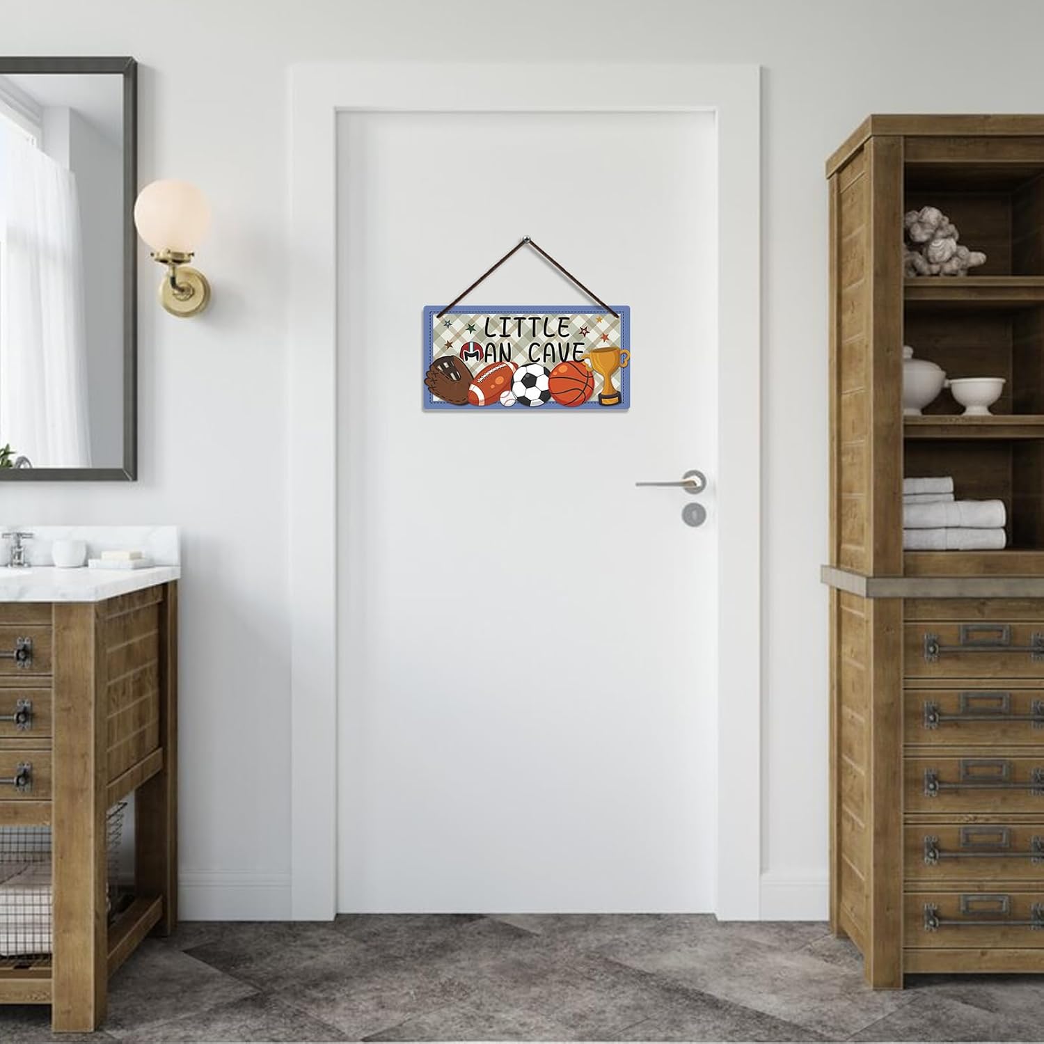 Fun-Plus Little Man Cave Sign，Boys Room Decor Soccer Basketball Baseball Football Wall Art，Door Hanging Plaque for Baby Nursery Room Kids Bedroom Playroom Room, brown image 4