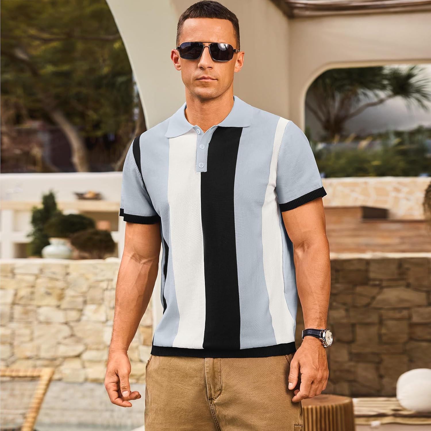 Men's Casual Polo Shirts Vintage Striped Knitting Button Down Shirts Golf Collared Shirts - Image 5
