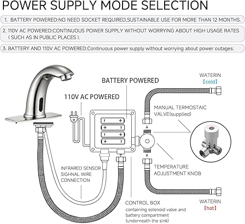 Vista 8 de Grifo de lavabo de baño sin contacto con sensor de movimiento automático, grifo de baño comercial con placa de cubierta, grifo de latón macizo de 1