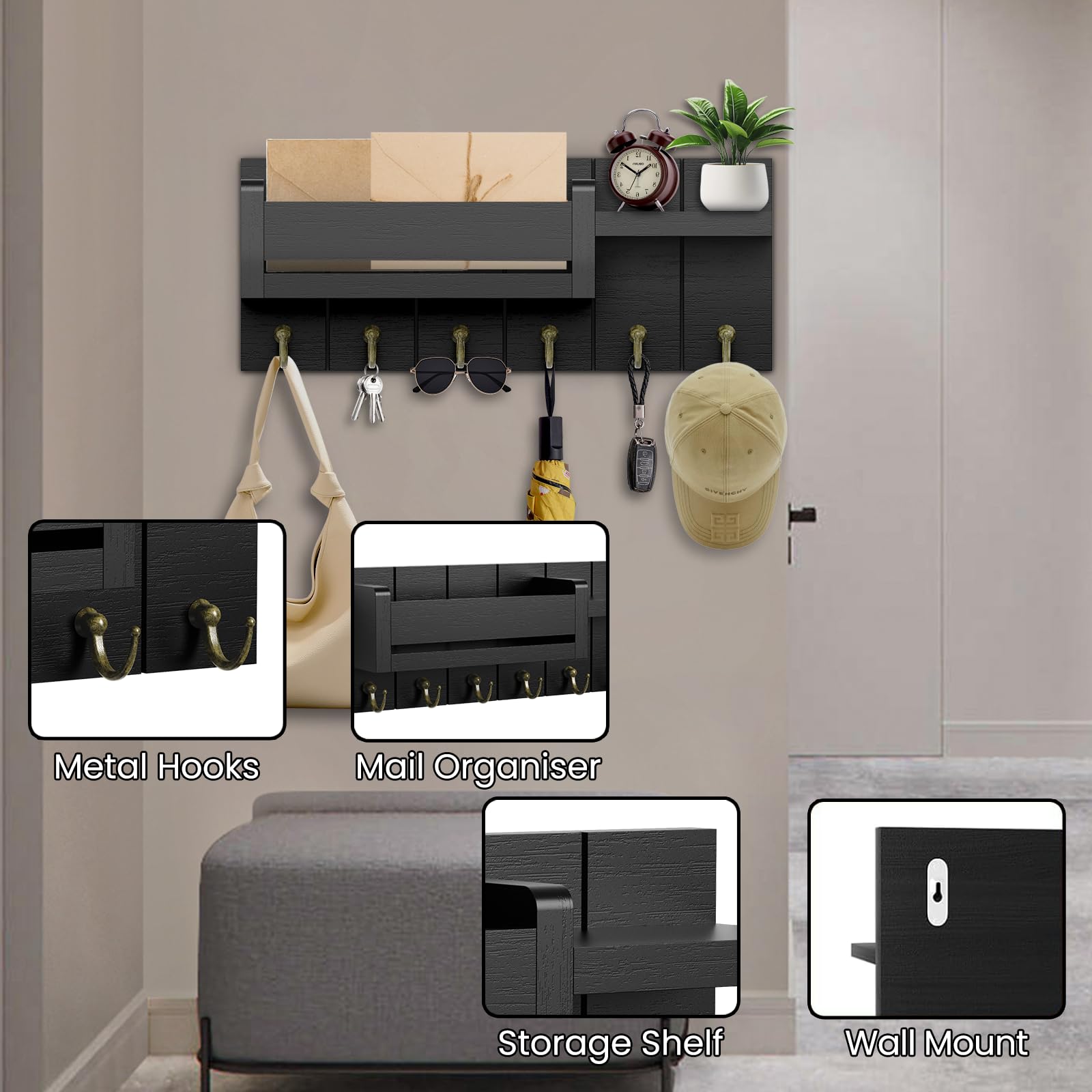 Portachiavi Da Parete Con Ripiano In Legno E Ferro, 6 Ganci, Misura 35x10x5 Cm - Organizer Per Corridoio E Ingresso