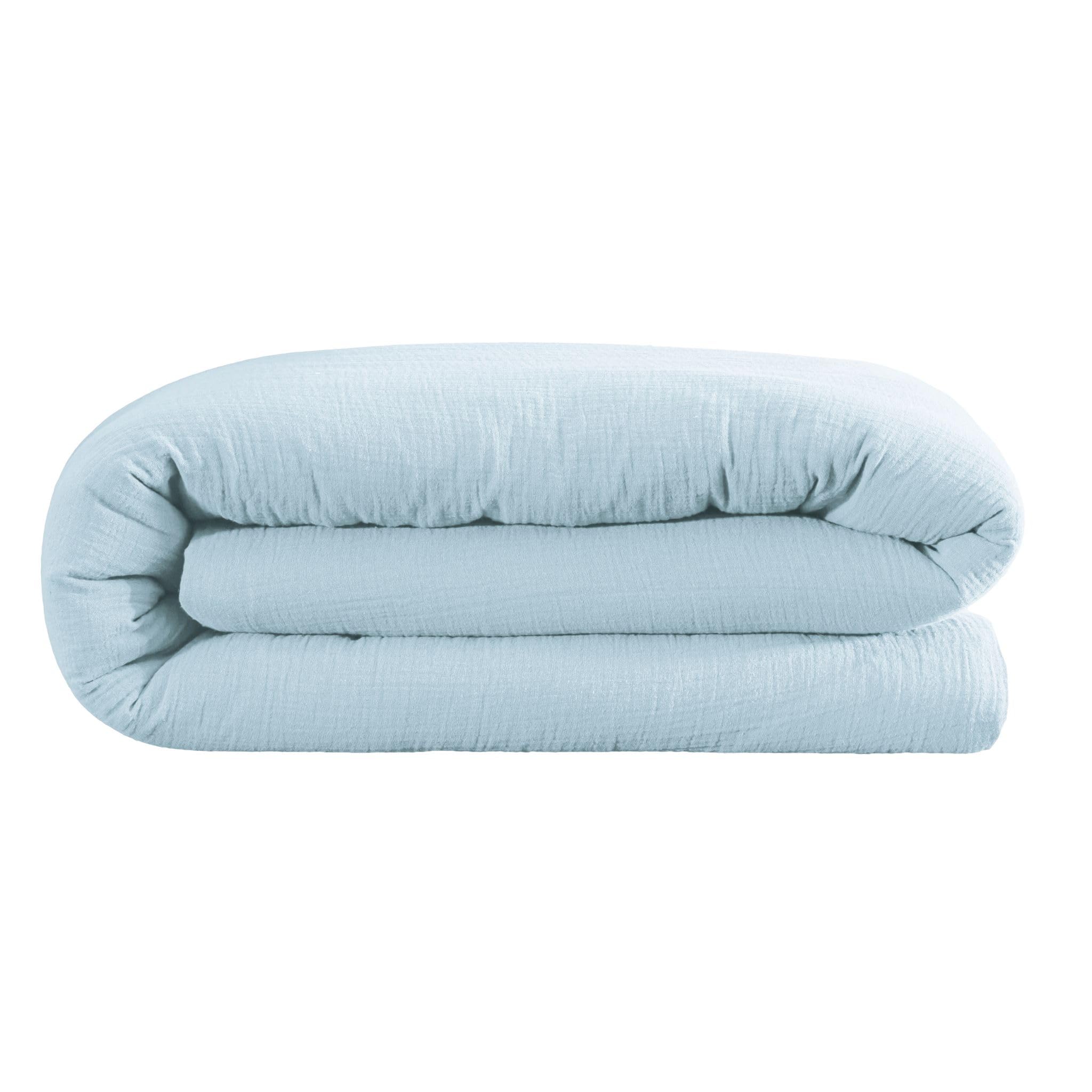 Terre de Nuit - Housse de Couette 240x220 Gaze de Coton Bleu Ciel Terre de Nuit June - Bleu Ciel - Uni - 57 Fils/cm² - Base Droite