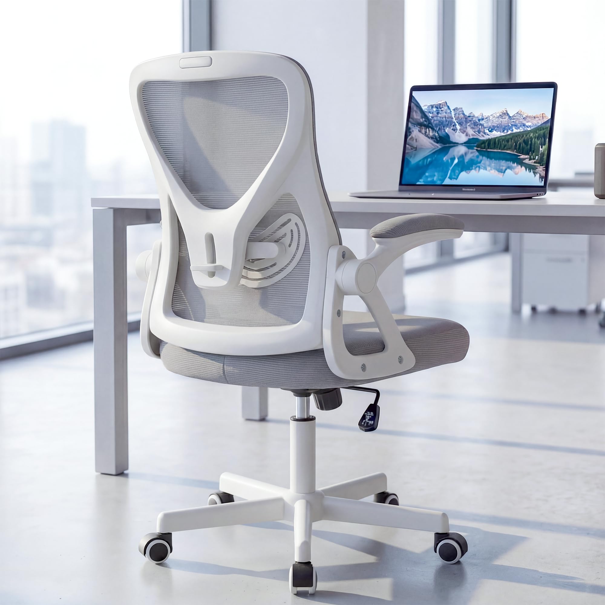 Bürostuhl ergonomisch – Schreibtischstuhl Netz, Lendenstütze 150kg | Klappbare Armlehnen, verstellbare Lendenstütze, 90-110° Rückenlehne, höhenverstellbar, leise Rollen, Homeoffice & Büro