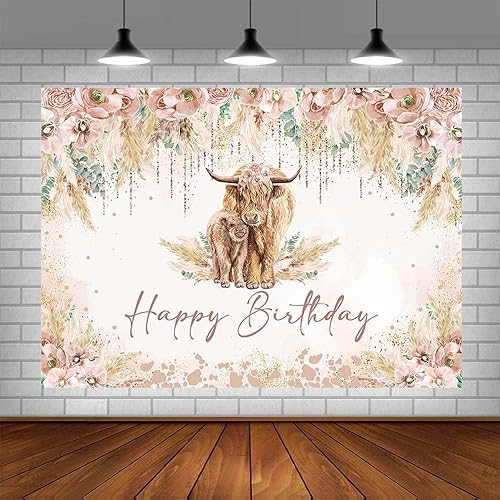 Vista 4 de Pancartas de cumpleaños con temática de vaca de las tierras altas de 7 x 5 pies, diseño de vaca de las tierras altas, decoración de pared, fondo
