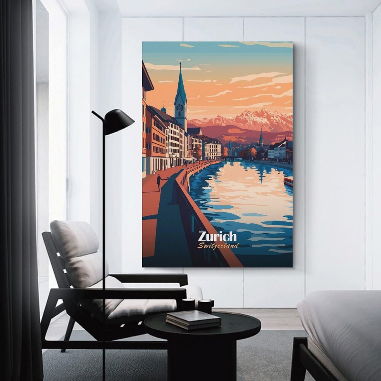 Junmoney Unframe-Style-6 Zurich Cityscape Sunset Home Decor Wall Art 24X36inch(60X90cm), For Bedroom, Guest Room Or Reading Nook, Decorative Wall Art For Cosy Rooms