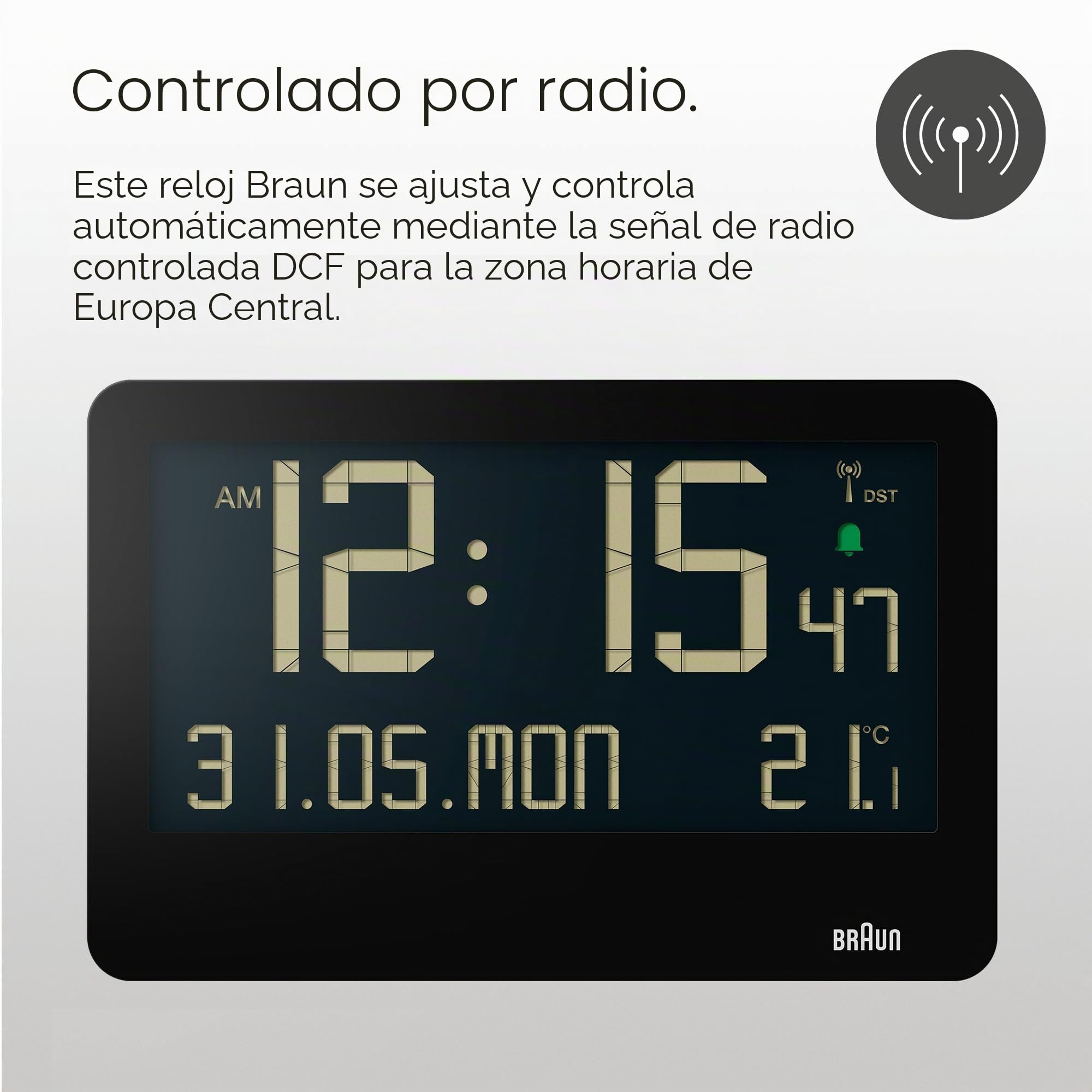Braun Reloj de Pared Digital controlado por Radio para Hora Central Europea (DCF) con Temperatura, Fecha, día, Gran Pantalla LCD inversa, Alarma Sonora Crescendo en Blanco, Modelo BC14B-DCF