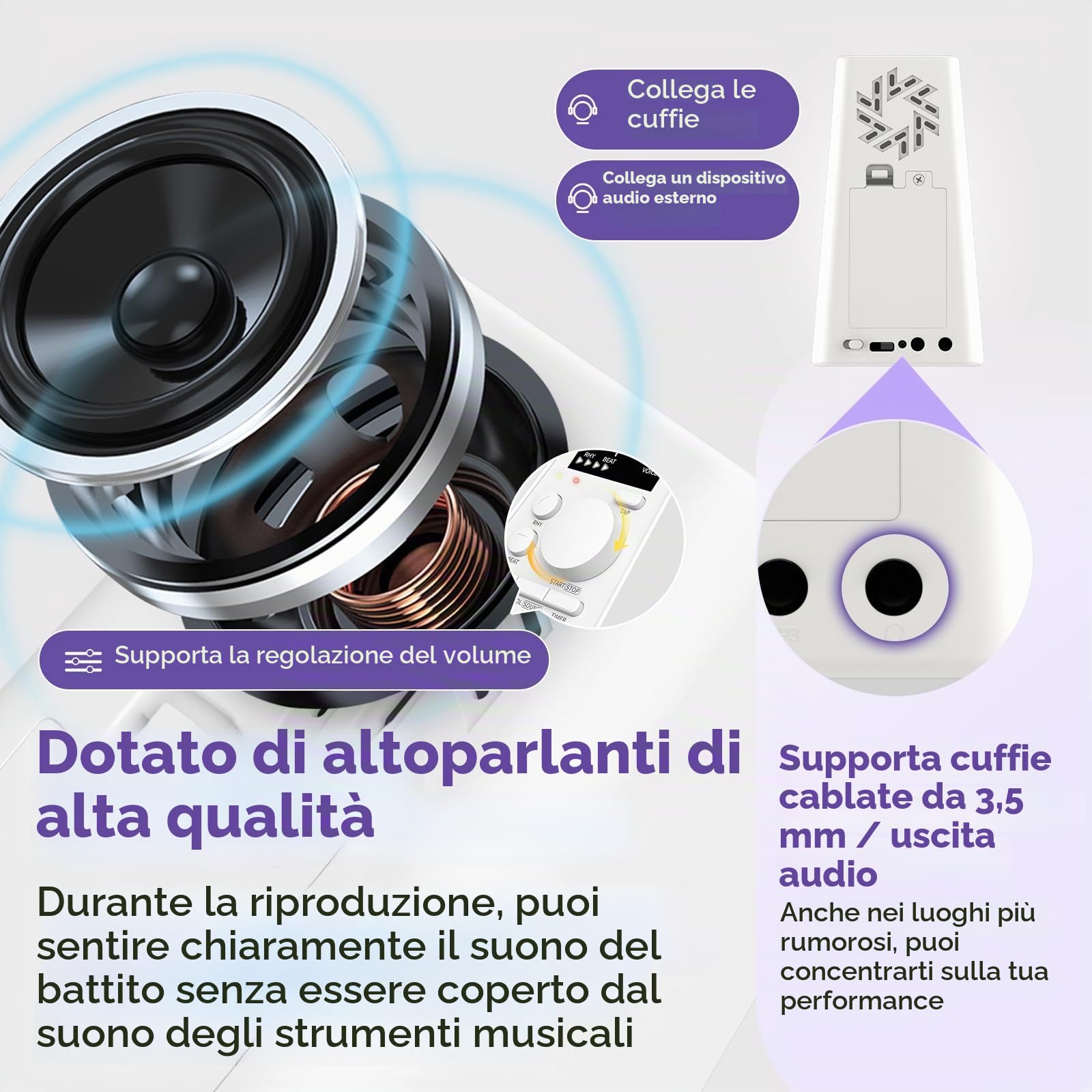 TERENCE Metronomo Digitale per Pianoforte Basso Ukulele Strumenti Musicali Metronomo Elettronico con Altoparlante LCD Display Volume Ritmo Regolabile Ricaricabile Timer Funzione Tempo 30-252bpm Bianco