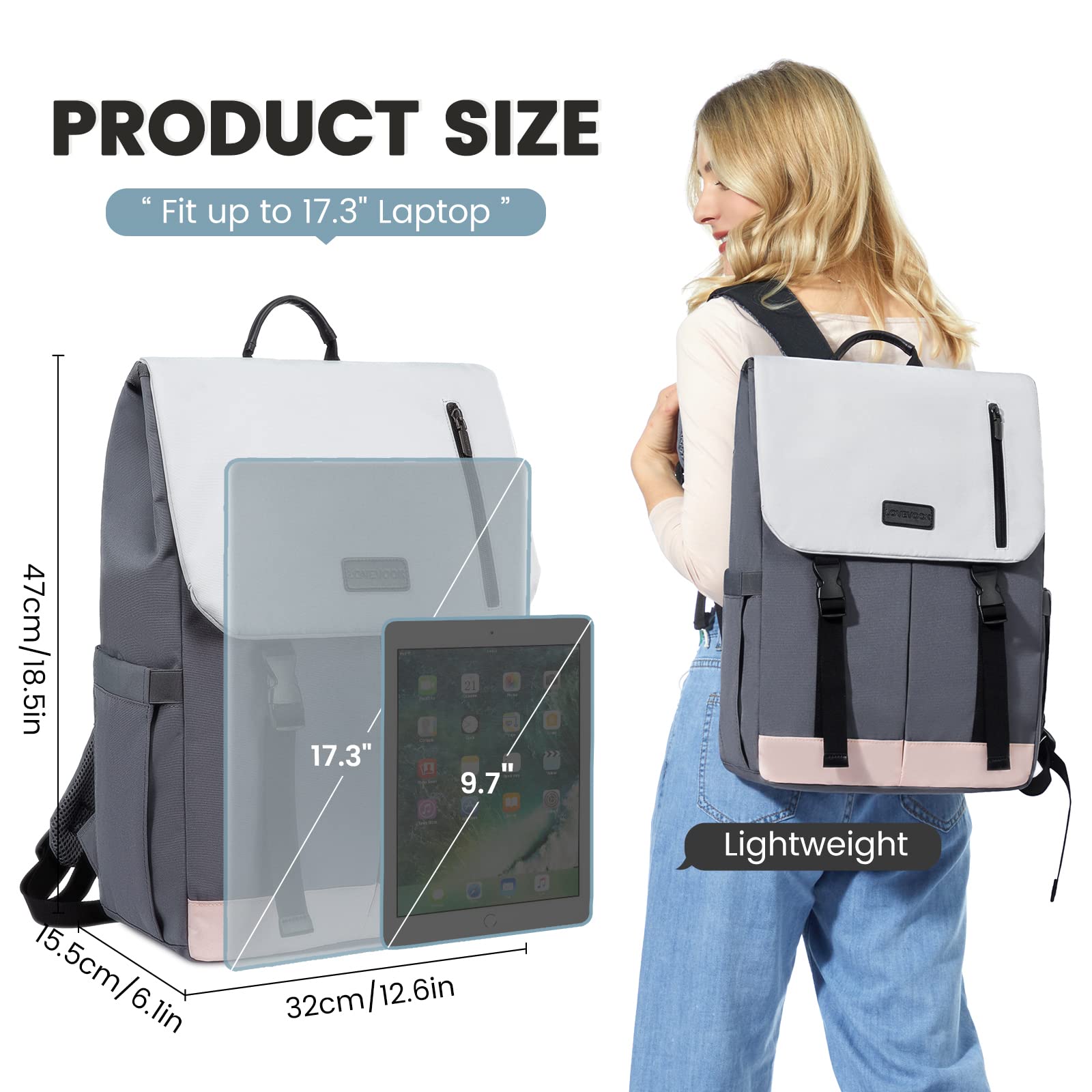 LOVEVOOK Zaino Porta PC Donna 17.3 Pollici Borsa Zainetto Donna con USB Zaino Scuola Media Superiore Antifurto Zaini Scolastici Impermeabile Laptop Backpack per Università Viaggi Ufficio