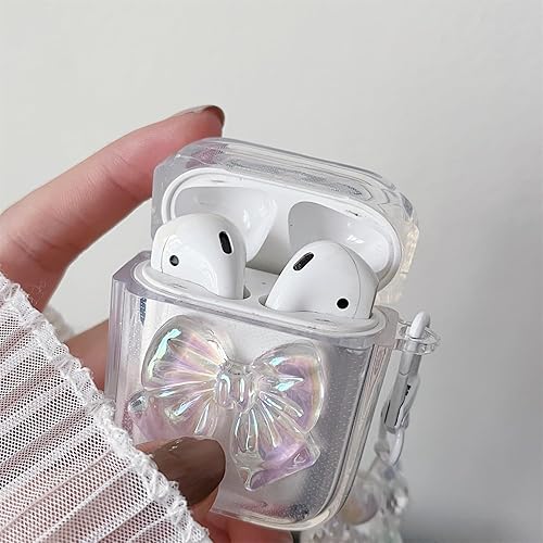 Miniatura 2 de MINSCOSE Funda transparente compatible con AirPods 1 y 2, bonito diseño de lazo de cristal 3D con llavero de cuentas de corazón, funda protectora de