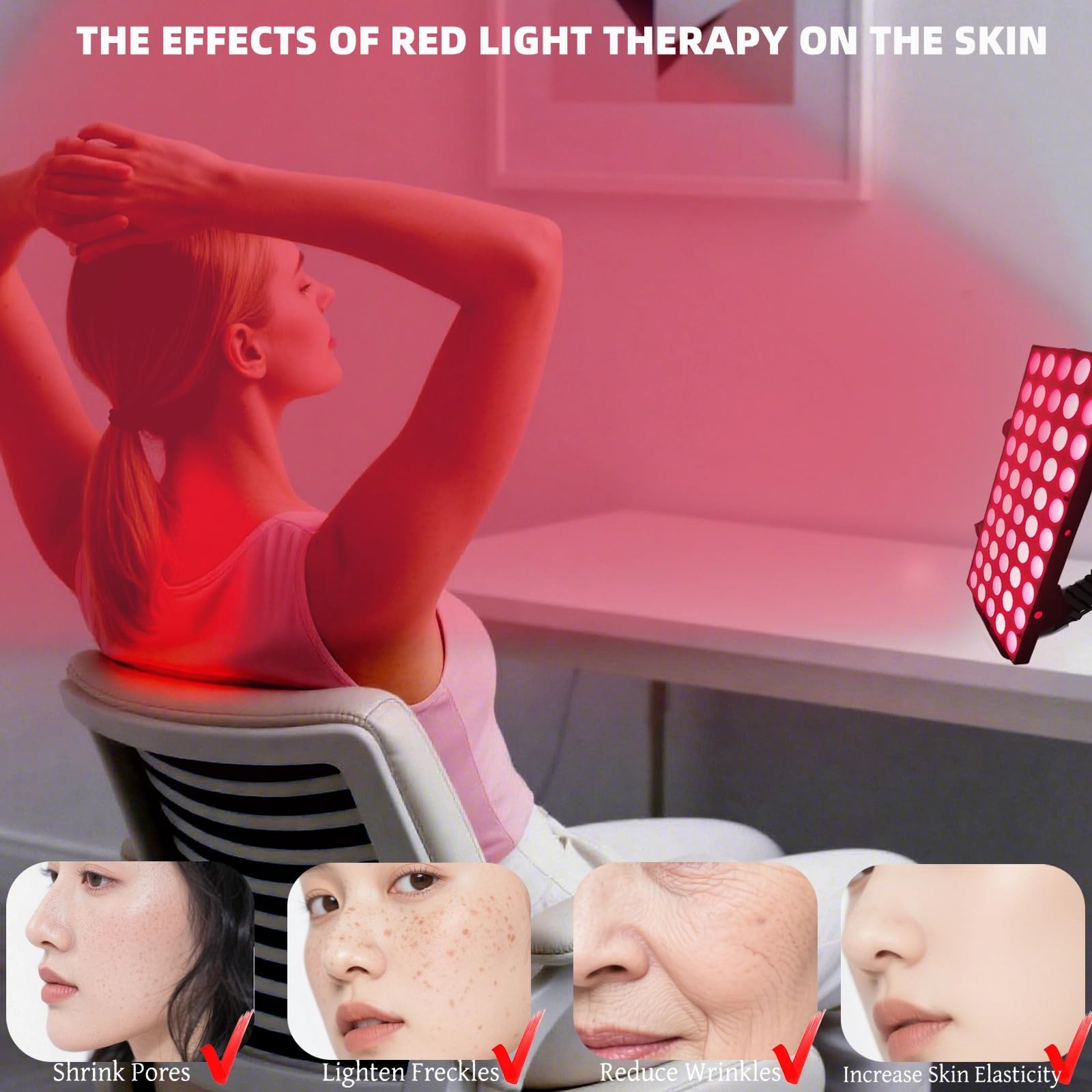 Lampa terapeutyczna światłem czerwonym 30 W, 100 diod LED, panel bliskiej podczerwieni o podwójnej długości fali 660 nm i 850 nm, z regulowanym stojakiem, 5-poziomową jasnością i timerem, goglami