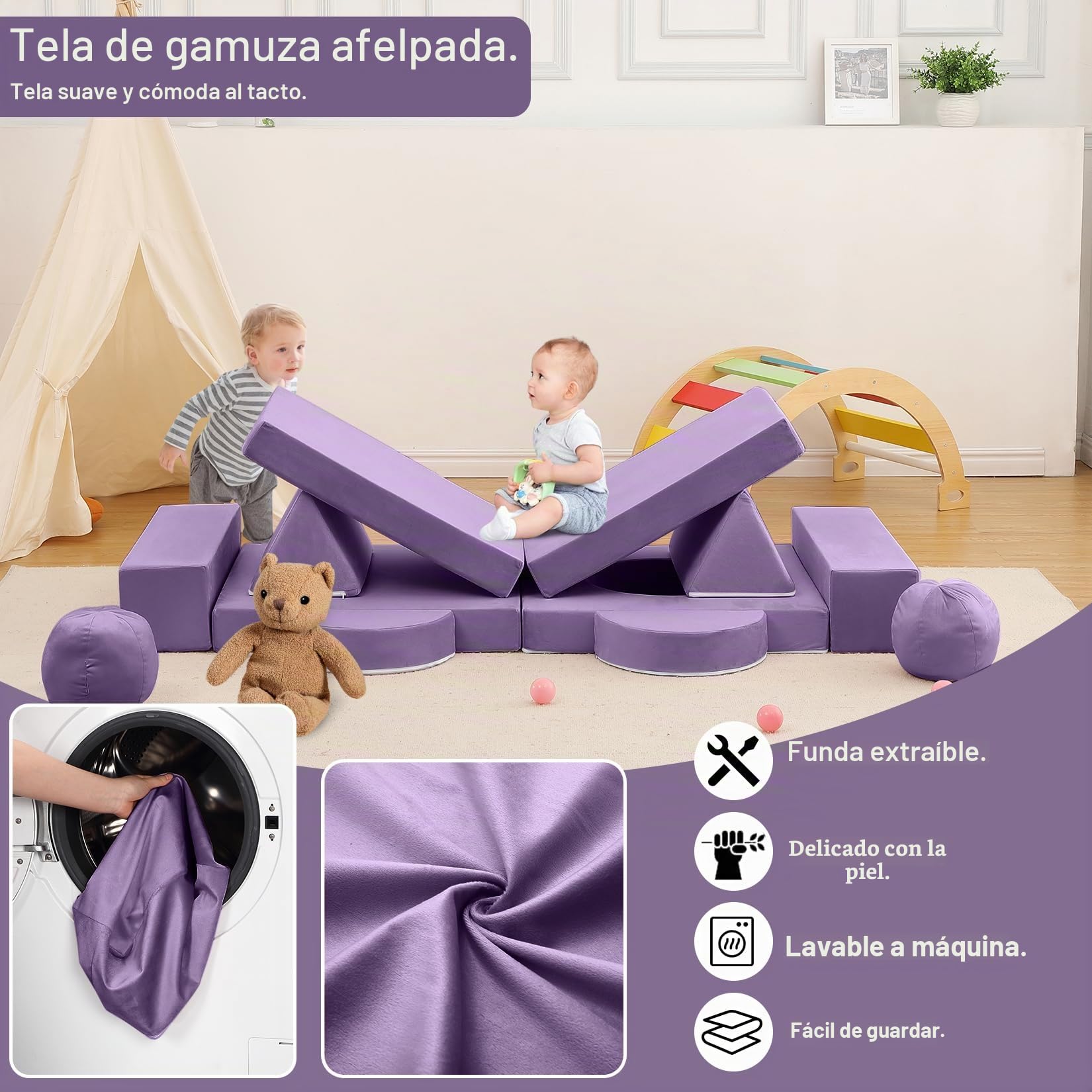 Garvee Sofá Modular De 12 Piezas para Niños: Sofá Seccional DIY para Sala De Juegos, Dormitorio y Guardería. Espuma Suave, Plegable, Funda Extraíble, Muebles Creativos para Niños y Niñas, Púrpura.
