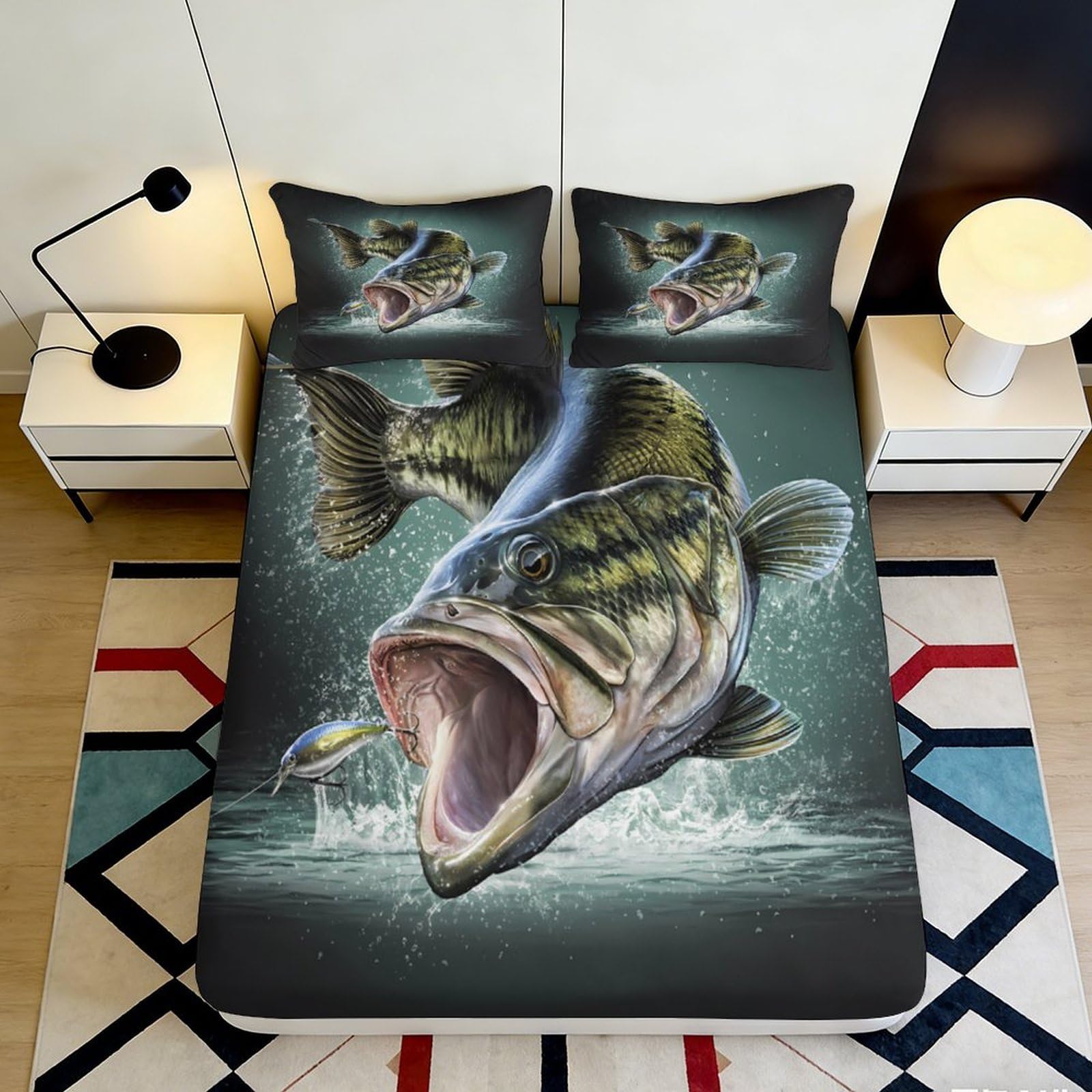 3D Printed Largemouth Bass Fitted Sheet Microfiber Fish Splash Mattress Cover Non-Slip Washable for Bedroom Dorm Decor 200x200x25cm